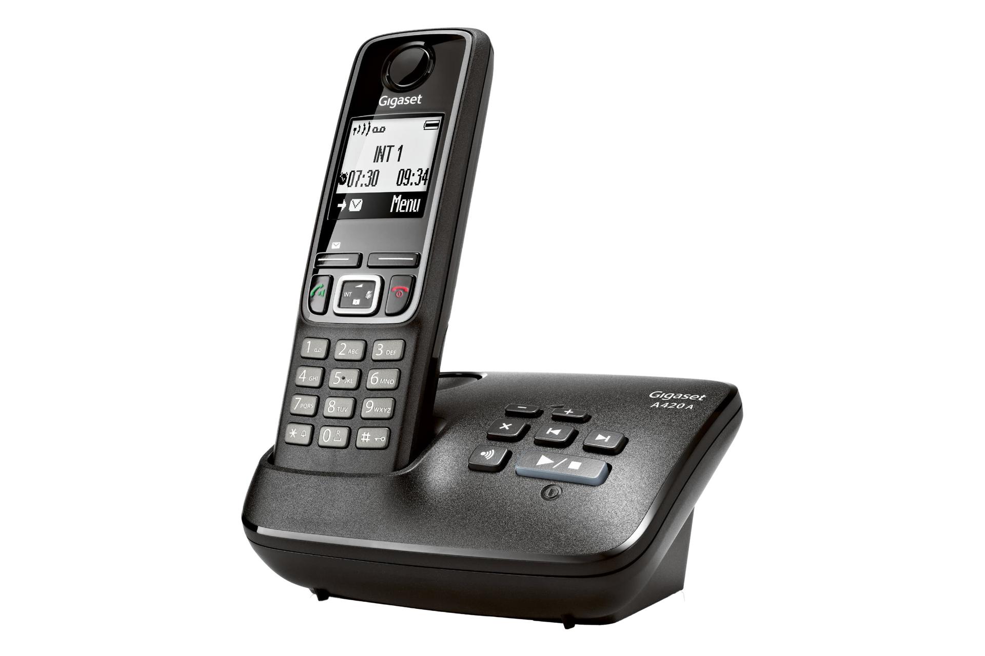 نمای نیمرخ تلفن گیگاست A420A با نمایش لبه سمت راست پایه اصلی و گوشی بی سیم