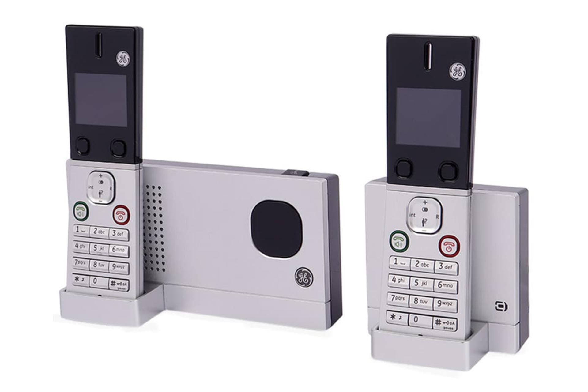 نمای کلی تلفن جنرال الکتریک FH28517EE2 با نمایش پایه اصلی، پایه متحرک و گوشی های بی سیم