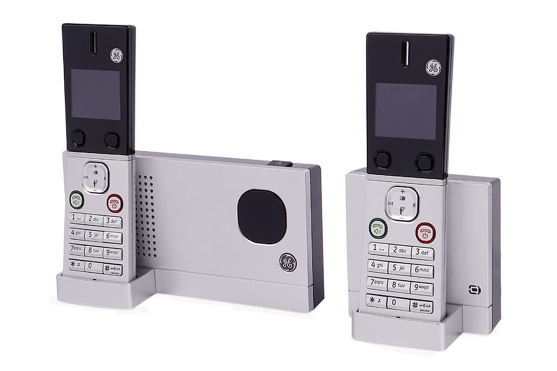 نمای کلی تلفن جنرال الکتریک FH28517EE2 با نمایش پایه اصلی، پایه متحرک و گوشی های بی سیم