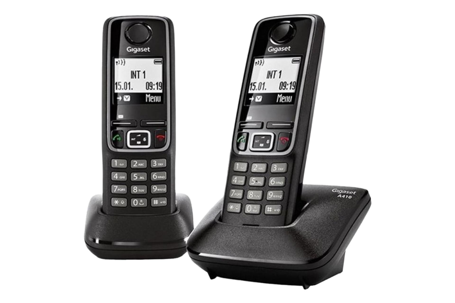 نمای کلی تلفن گیگاست A410 Duo با نمایش پایه اصلی، پایه متحرک و گوشی بی سیم