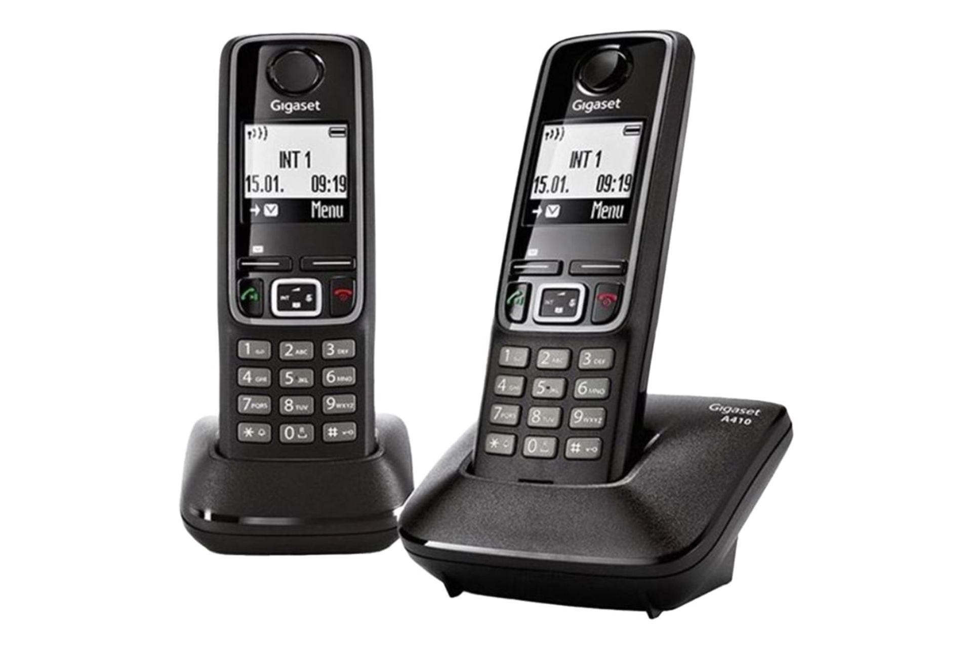 نمای کلی تلفن گیگاست A410 Duo با نمایش پایه اصلی، پایه متحرک و گوشی بی سیم