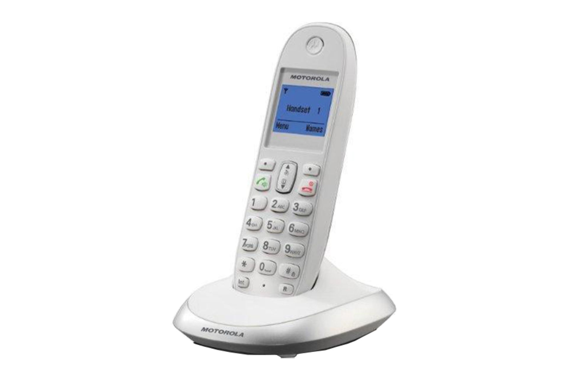 نمای نیمرخ تلفن موتورولا C2001 با نمایش لبه سمت راست پایه اصلی و گوشی بی سیم