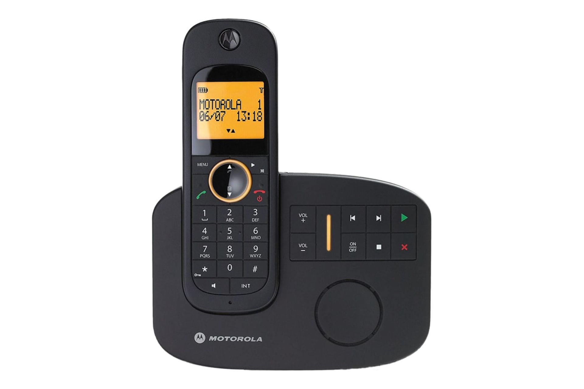 نمای رو به روی تلفن موتورولا D1011 با نمایشگر روشن و نمایش صفحه کلید رنگ مشکی