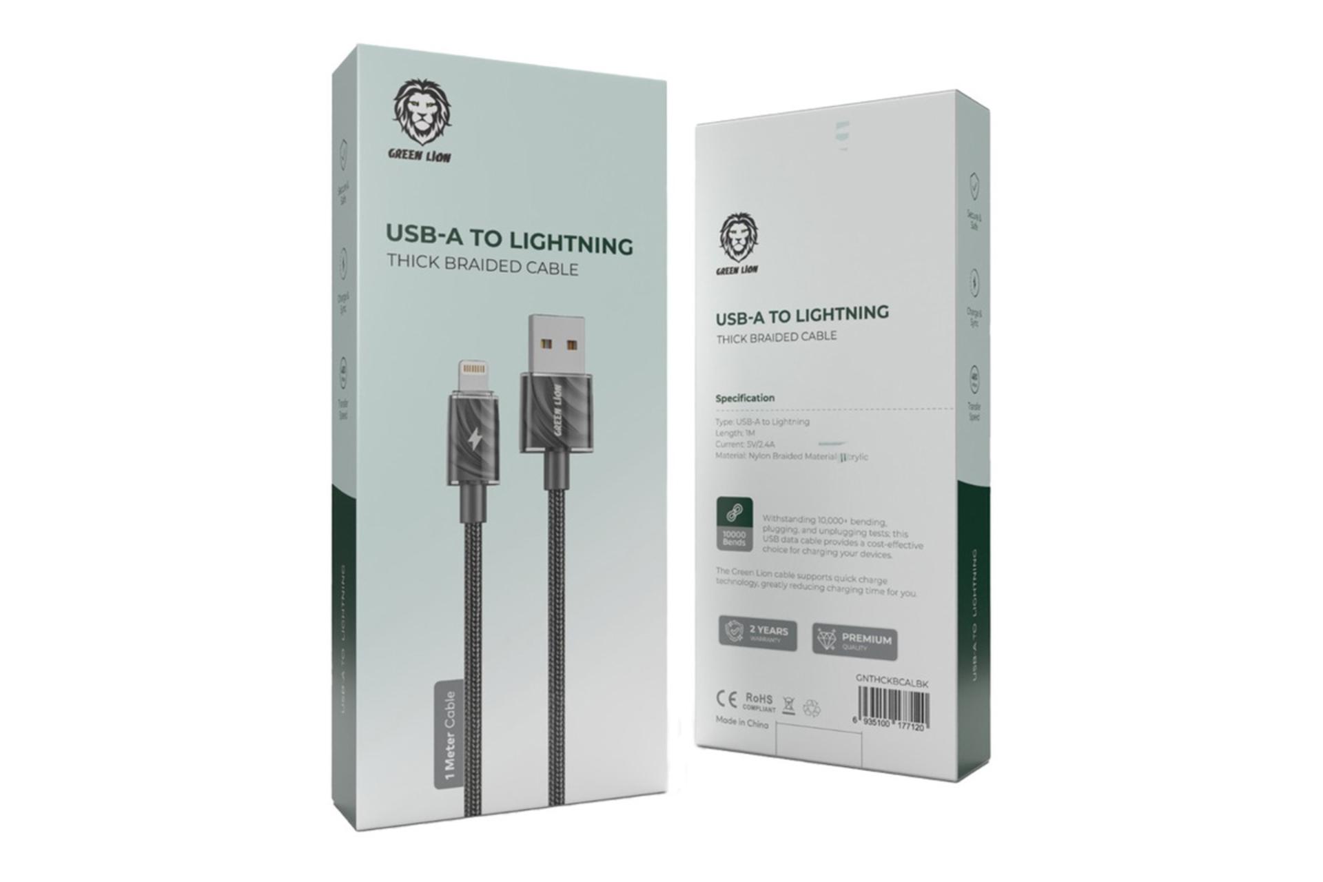 جعبه کابل شارژ USB گرین لیون Type-A به Lightning مدل Thick Braided با طول 1 متر