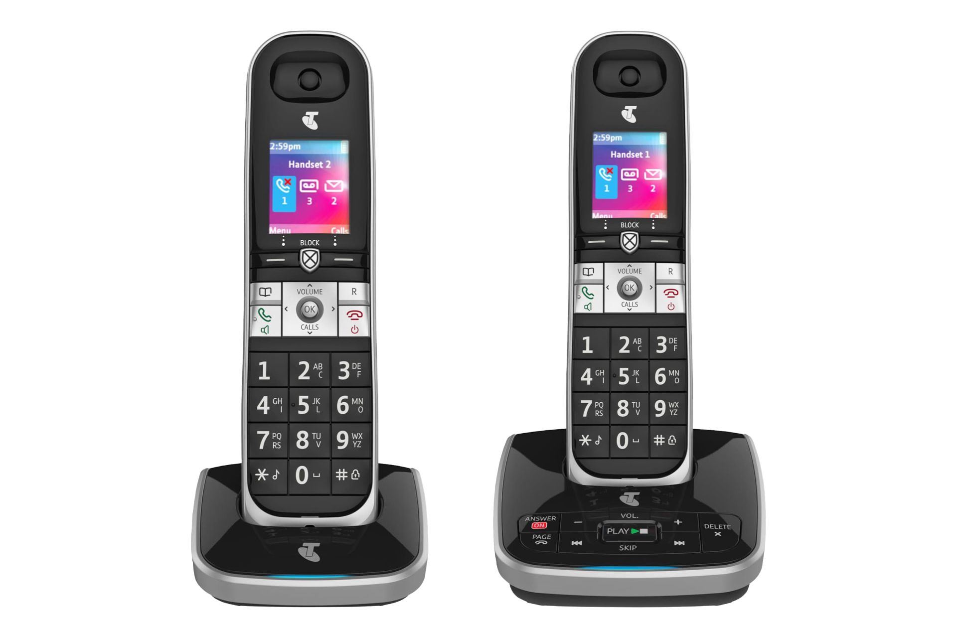 نمای رو به روی تلفن تلسترا Call Guardian 301 MK II با نمایشگر روشن و نمایش پایه اصلی، پایه متحرک و گوشی های بی سیم