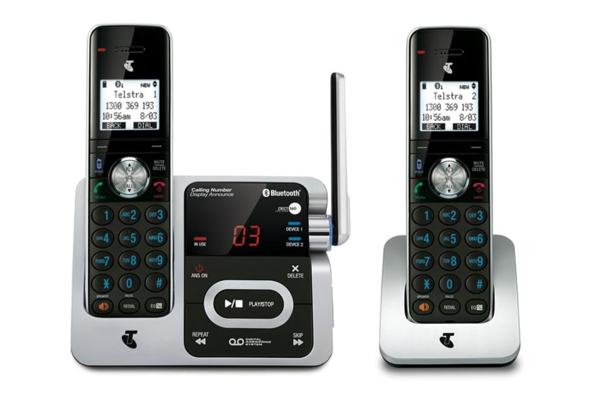 نمای رو به روی تلفن تلسترا Long Range 12750 DECT360 با نمایش پایه اصلی، پایه متحرک و گوشی بی سیم