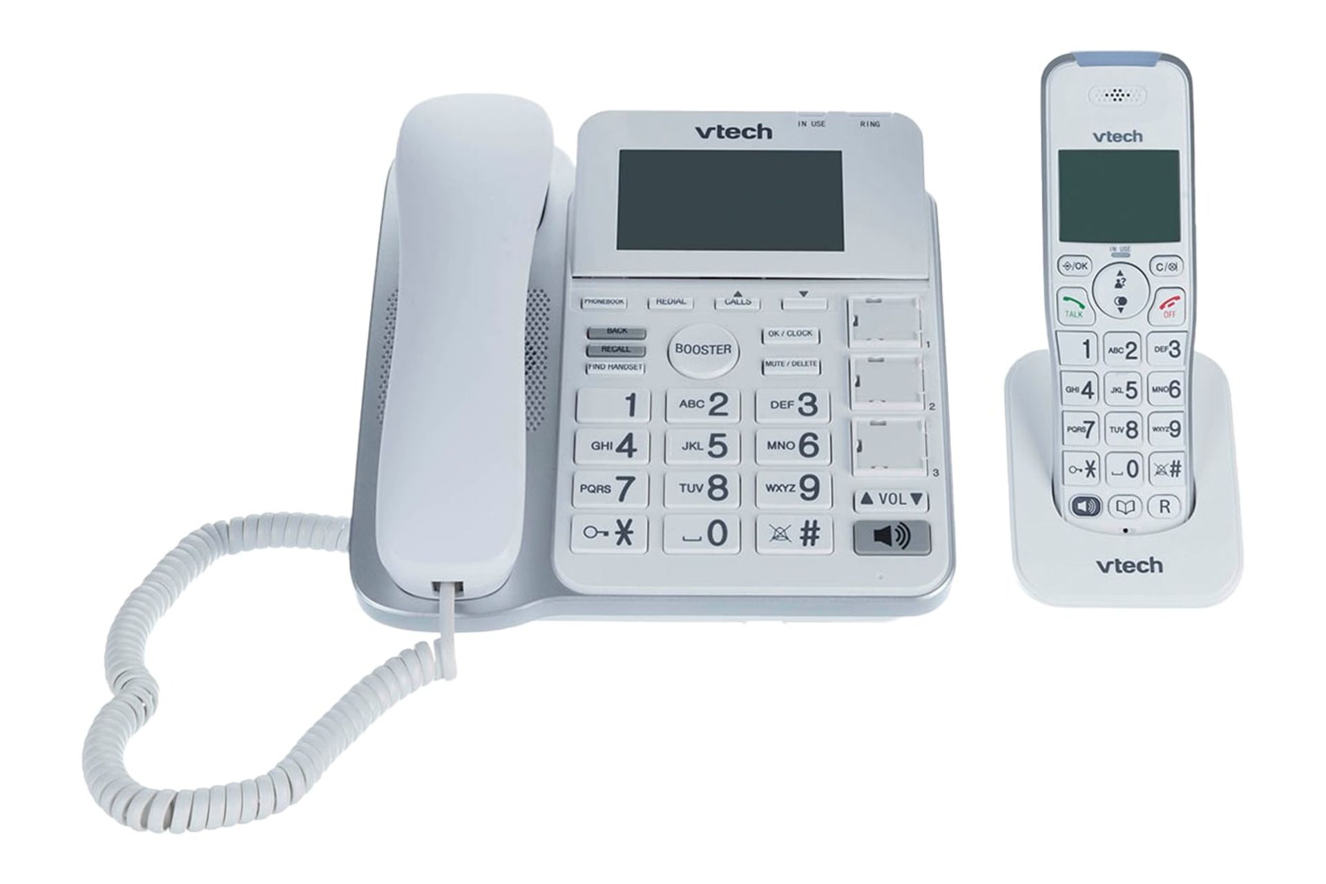 نمای کلی تلفن وی تک CRL54102 با نمایش پایه مستقل و گوشی بی سیم رنگ سفید