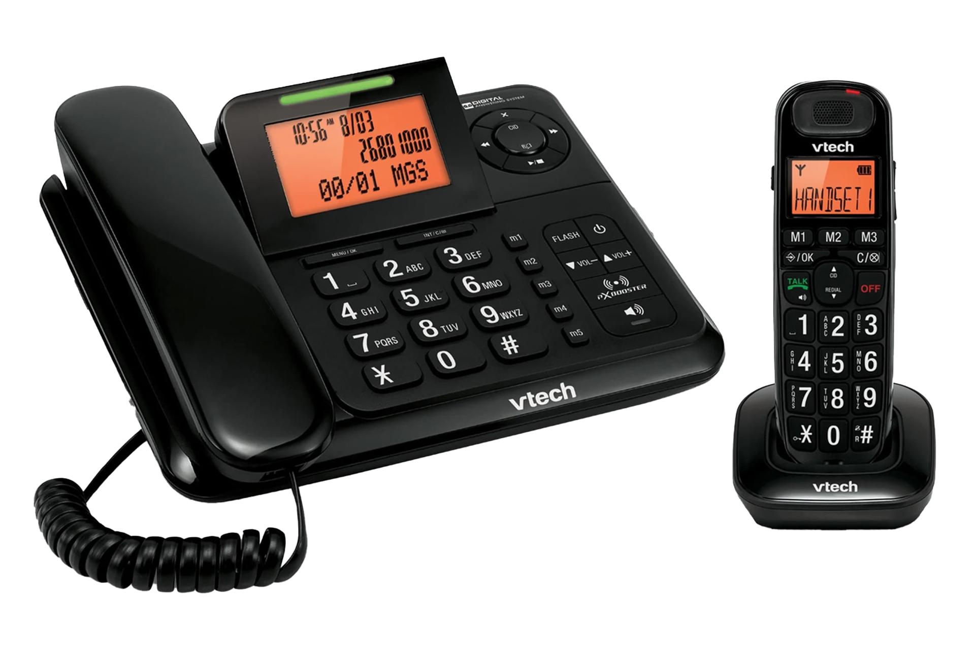 نمای کلی تلفن وی تک CS6147 با نمایش پایه مستقل و گوشی بی سیم رنگ مشکی