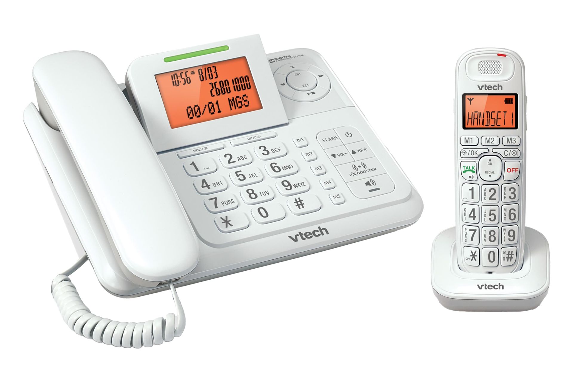 نمای کلی تلفن وی تک CS6147 با نمایش پایه مستقل و گوشی بی سیم رنگ سفید