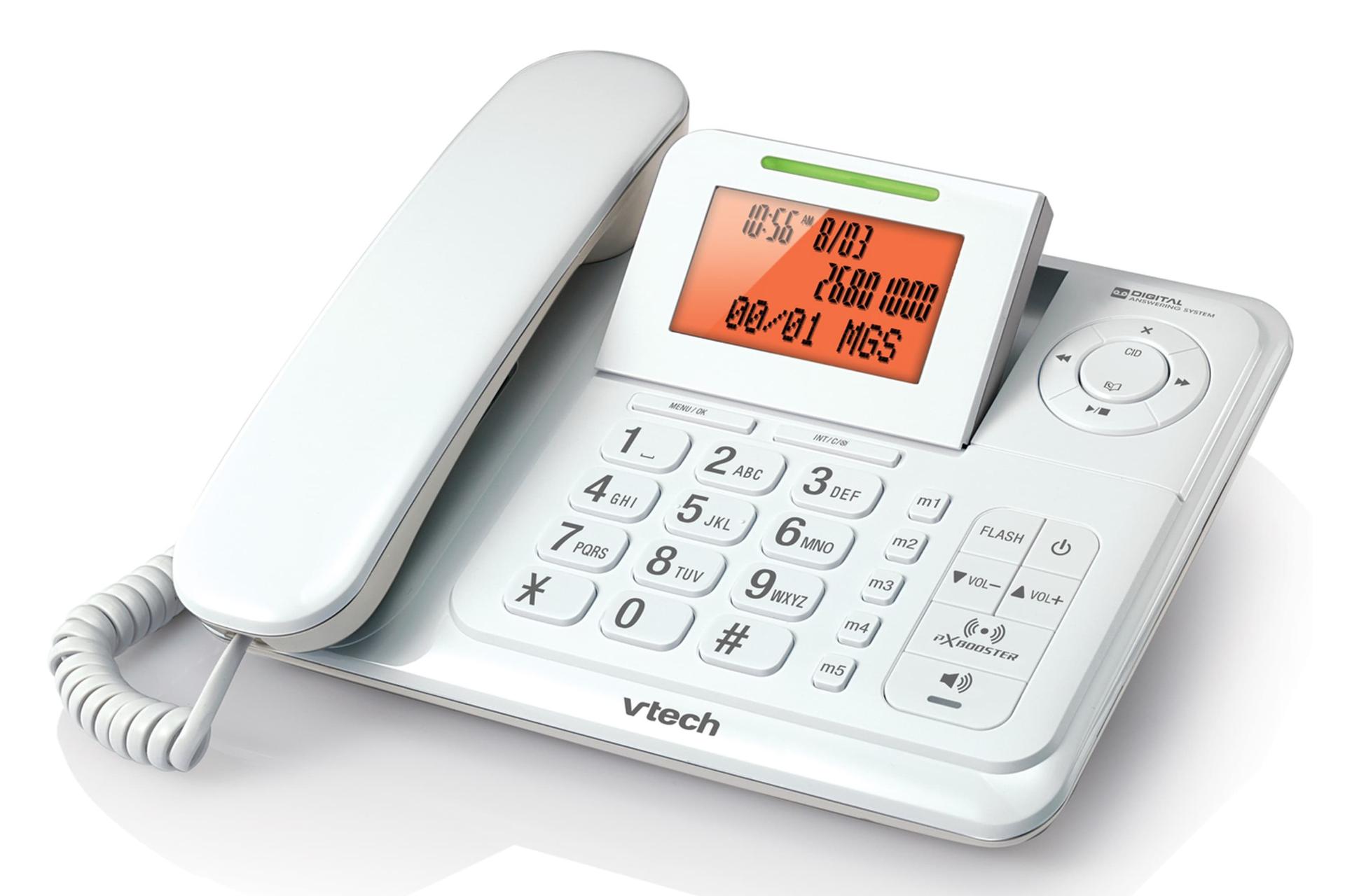 نمای نیمرخ تلفن وی تک CS6147 با نمایش لبه سمت راست پایه مستقل رنگ سفید