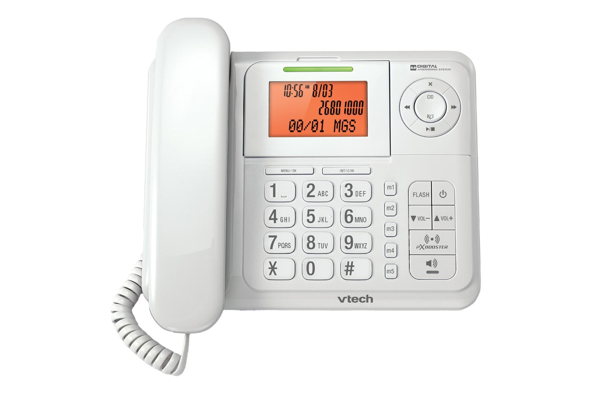 نمای بالای تلفن وی تک CS6147 با نمایشگر روشن و نمایش صفحه کلید پایه مستقل رنگ سفید