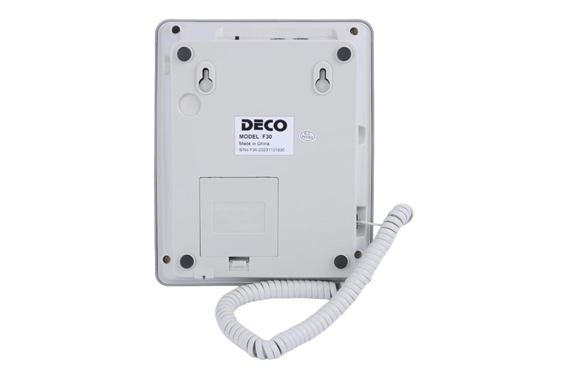 نمای زیر تلفن دکو F30 با نمایش برچسب اطلاعات و درگاه باتری