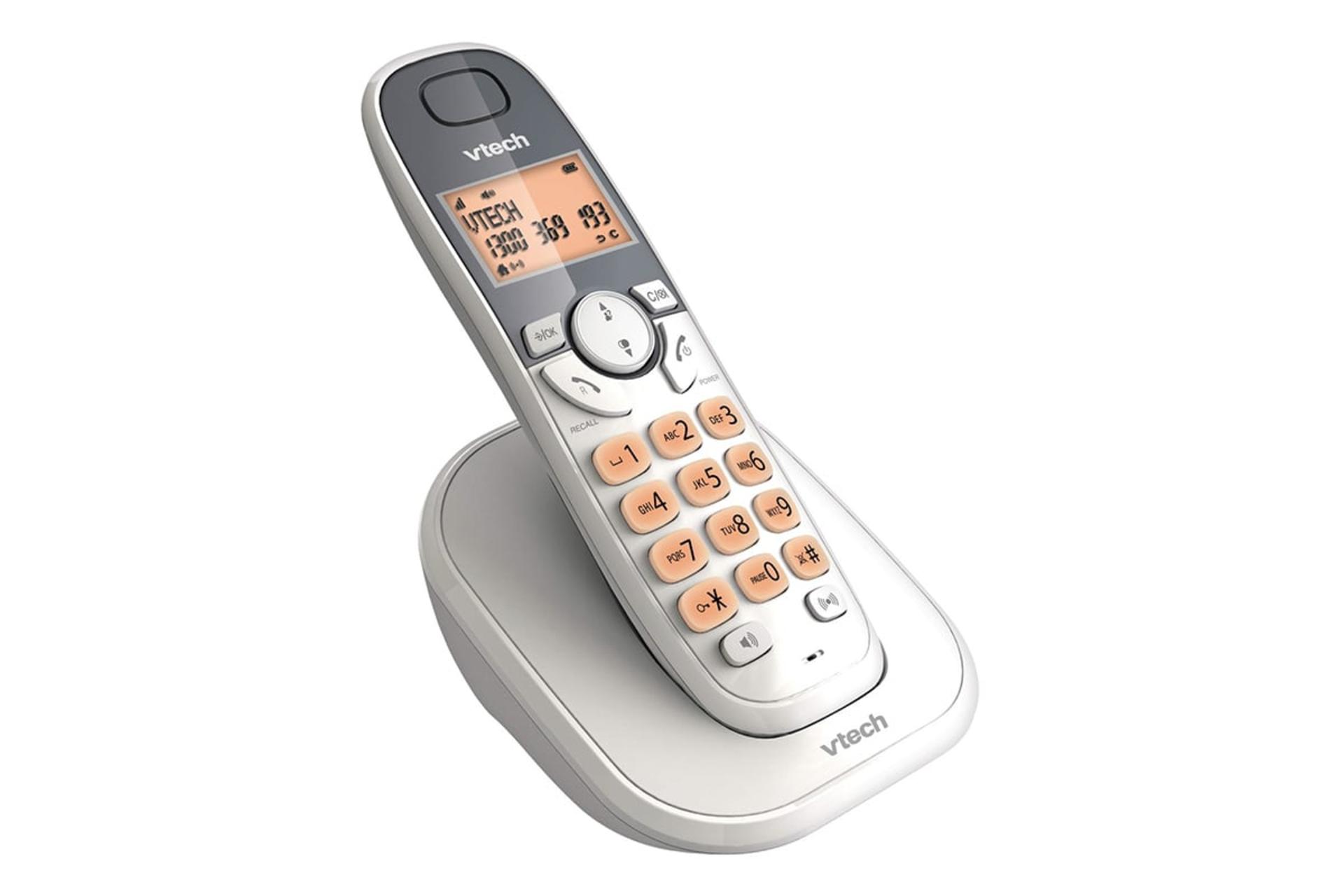 نمای نیمرخ تلفن وی تک ES1001 با نمایش پایه اصلی و گوشی بی سیم رنگ نقره‌ای