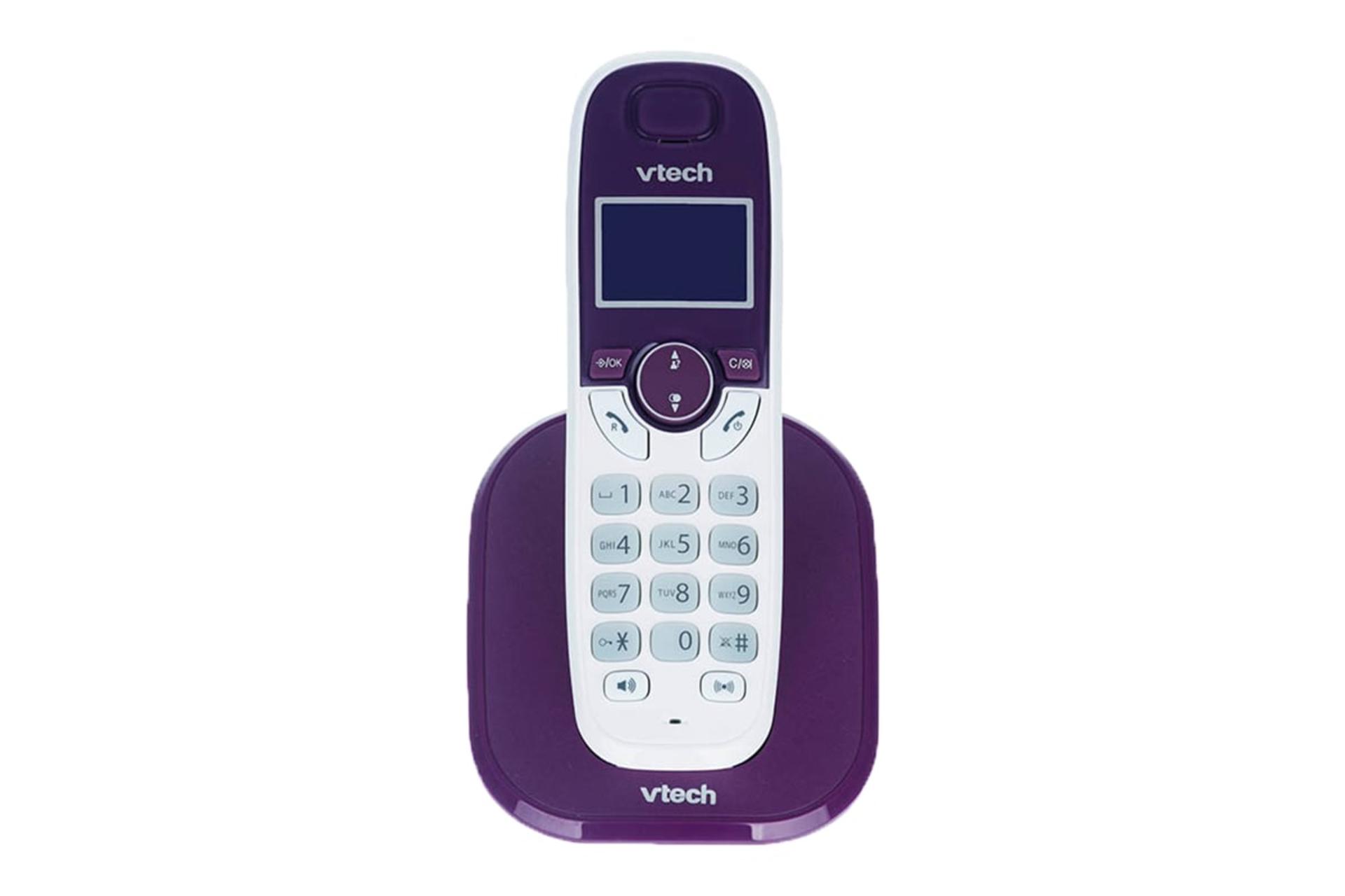 نمای رو به روی تلفن وی تک ES1001 با نمایش پایه اصلی و گوشی بی سیم رنگ سفید و بنفش