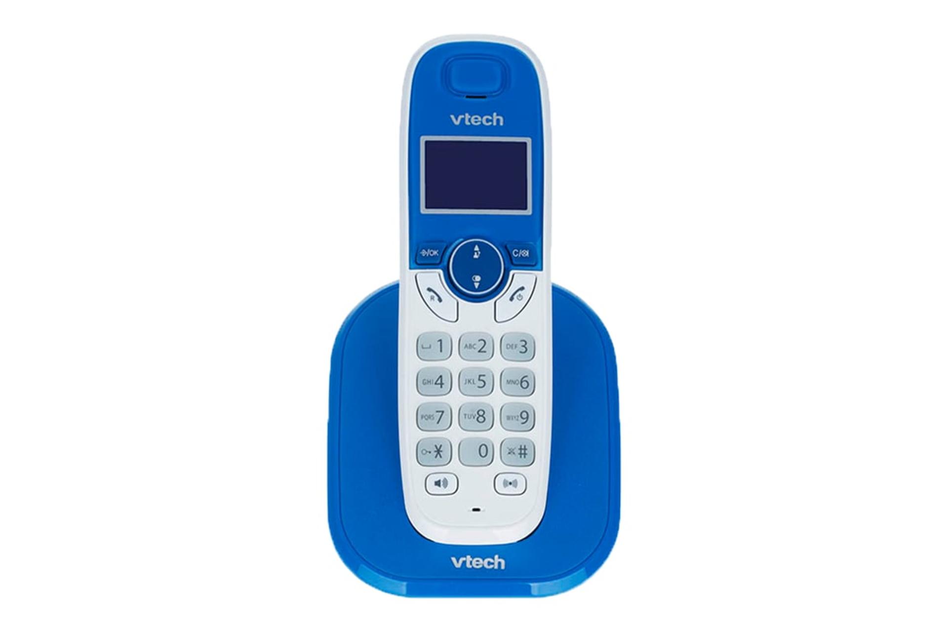 نمای رو به روی تلفن وی تک ES1001 با نمایش پایه اصلی و گوشی بی سیم رنگ سفید و آبی