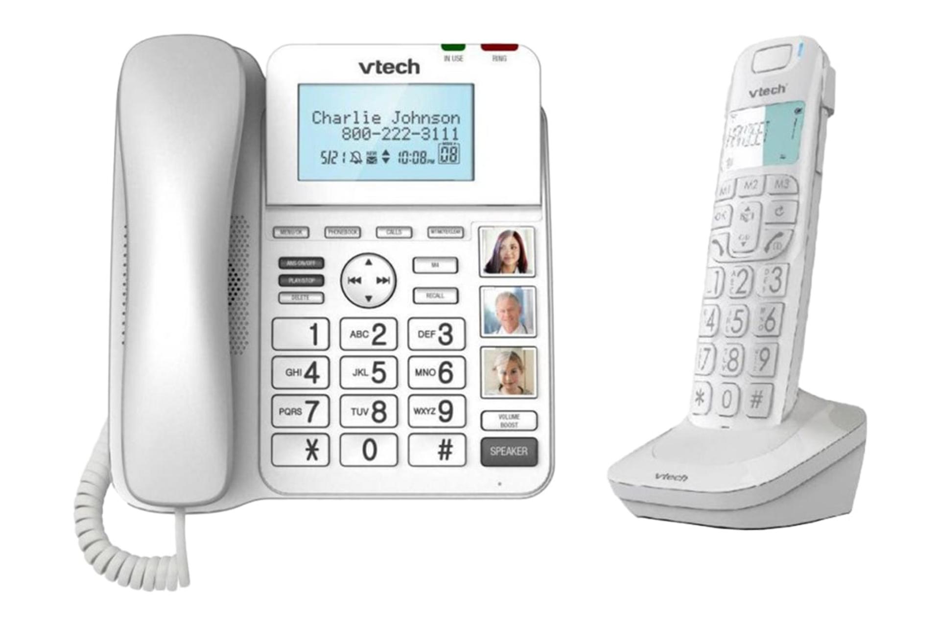 نمای کلی تلفن وی تک LS1650 با نمایش پایه مستقل، پایه متحرک و گوشی بی سیم رنگ سفید