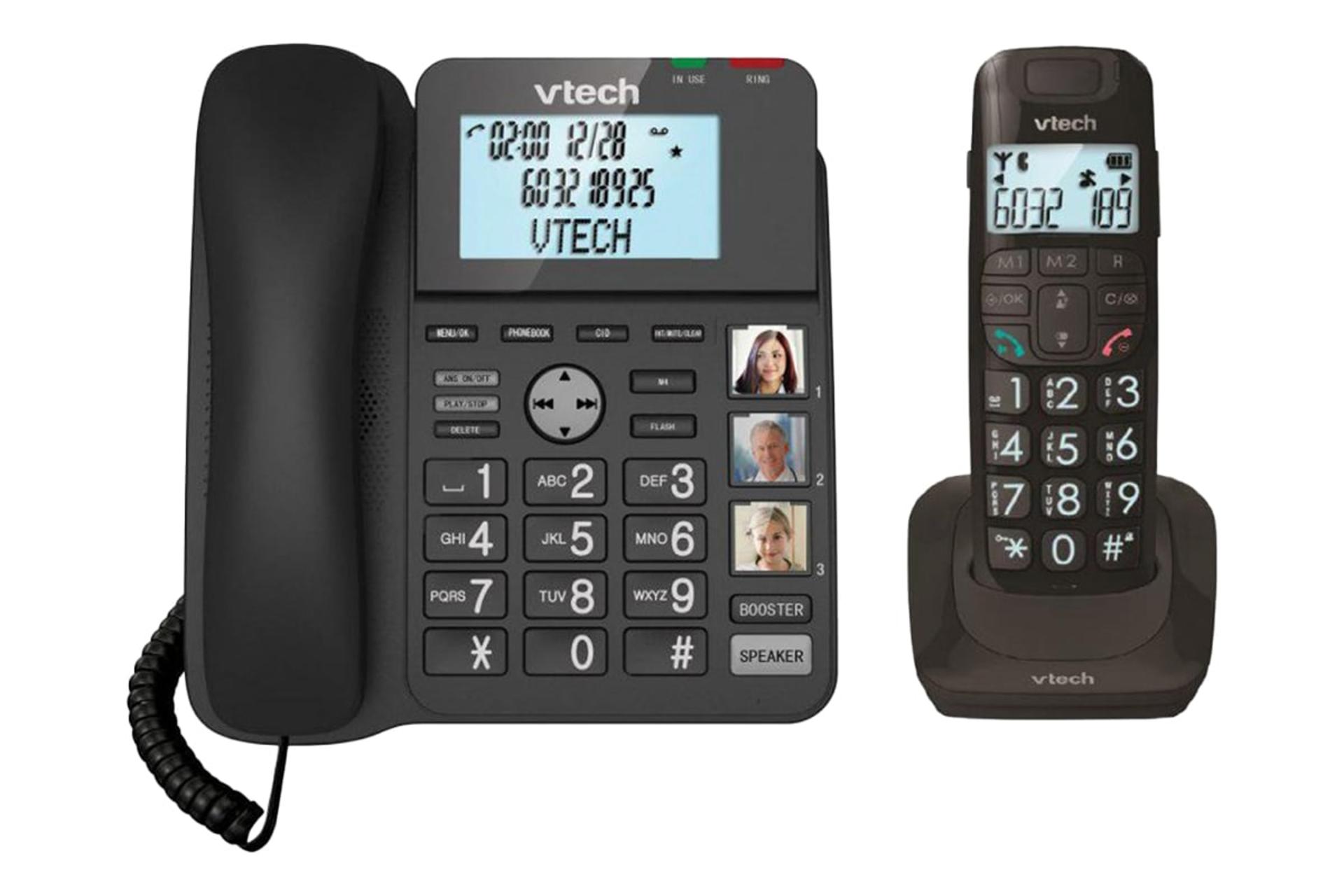 نمای کلی تلفن وی تک LS1650 با نمایش پایه مستقل، پایه متحرک و گوشی بی سیم رنگ مشکی