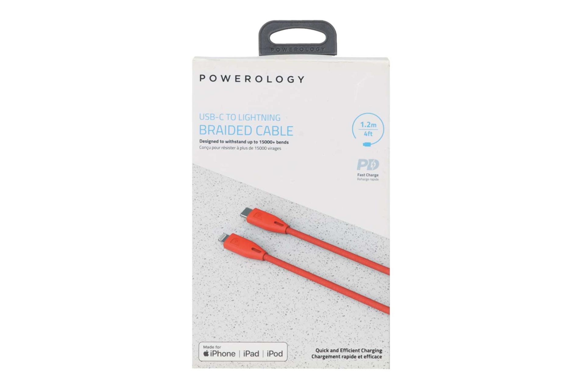 جعبه کابل شارژ USB پاورولوجی Type-C به Lightning مدل PCAB001 با طول 1.2 متر