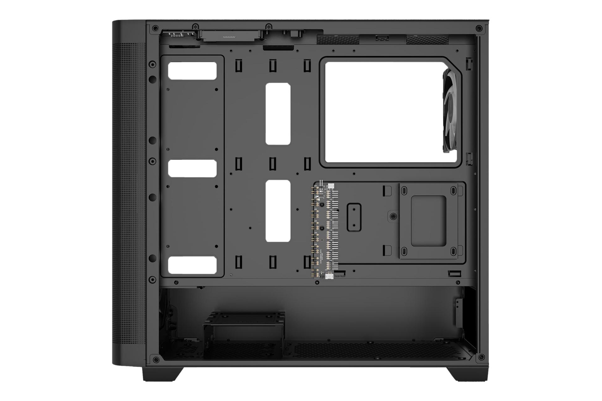 نمای داخلی پنل سمت راست کیس کامپیوتر گیم دیاس ATHENA M3 با نمایش محل نصب پاور و فضای مدیریت کابل
