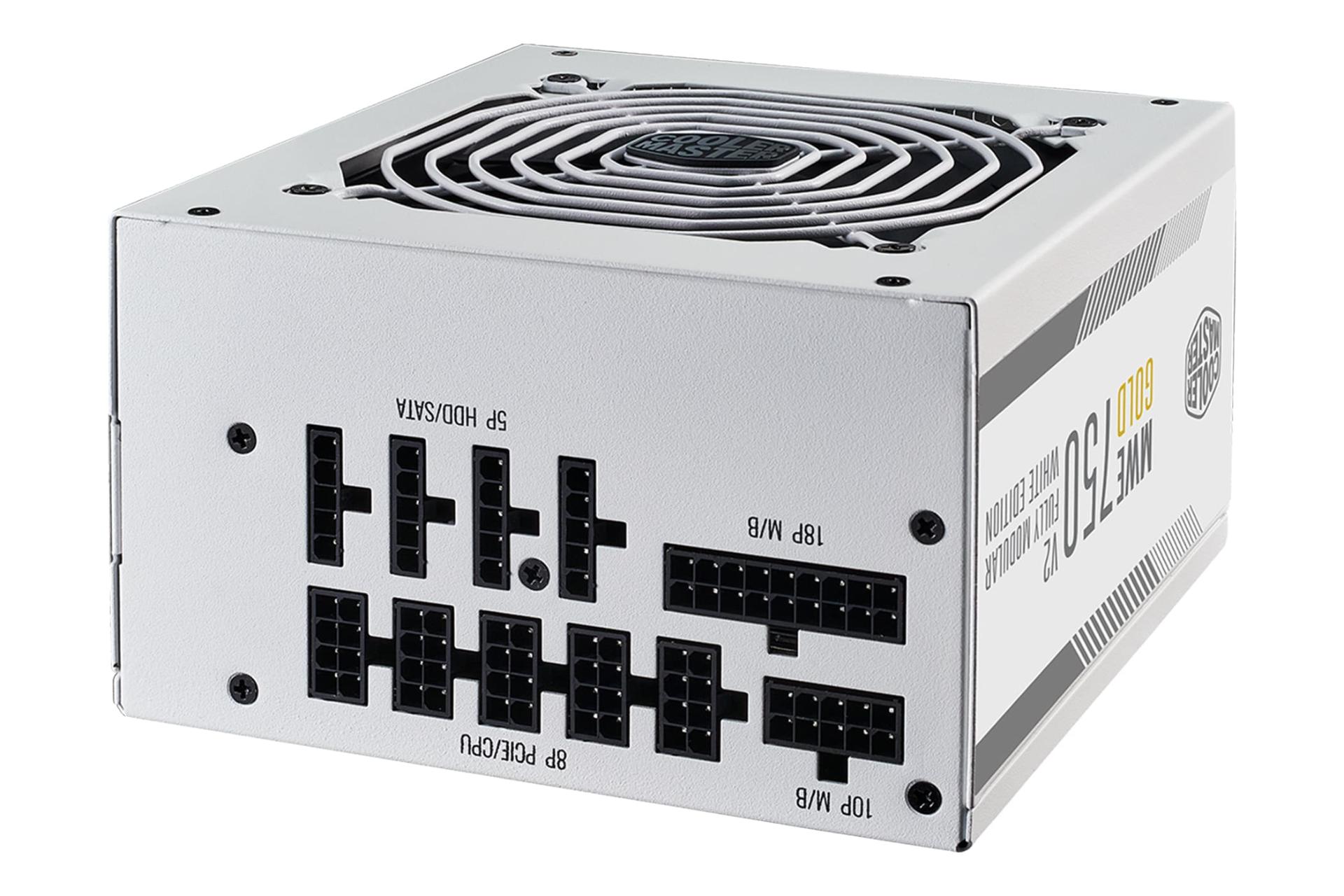 نمای نیمرخ پاور کامپیوتر کولر مستر MWE Gold 750 V2 ATX 3.0 White Edition با توان 750 وات با نمایش اتصالات پنل پشت