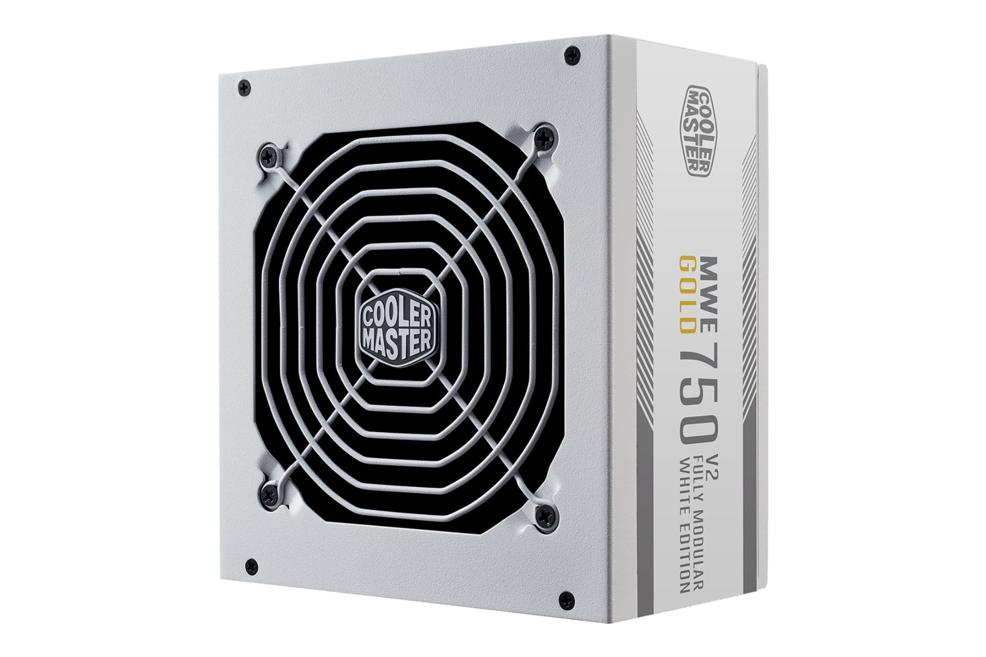 نمای نیمرخ پاور کامپیوتر کولر مستر MWE Gold 750 V2 ATX 3.0 White Edition با توان 750 وات با نمایش فن، لوگو و پنل کناری