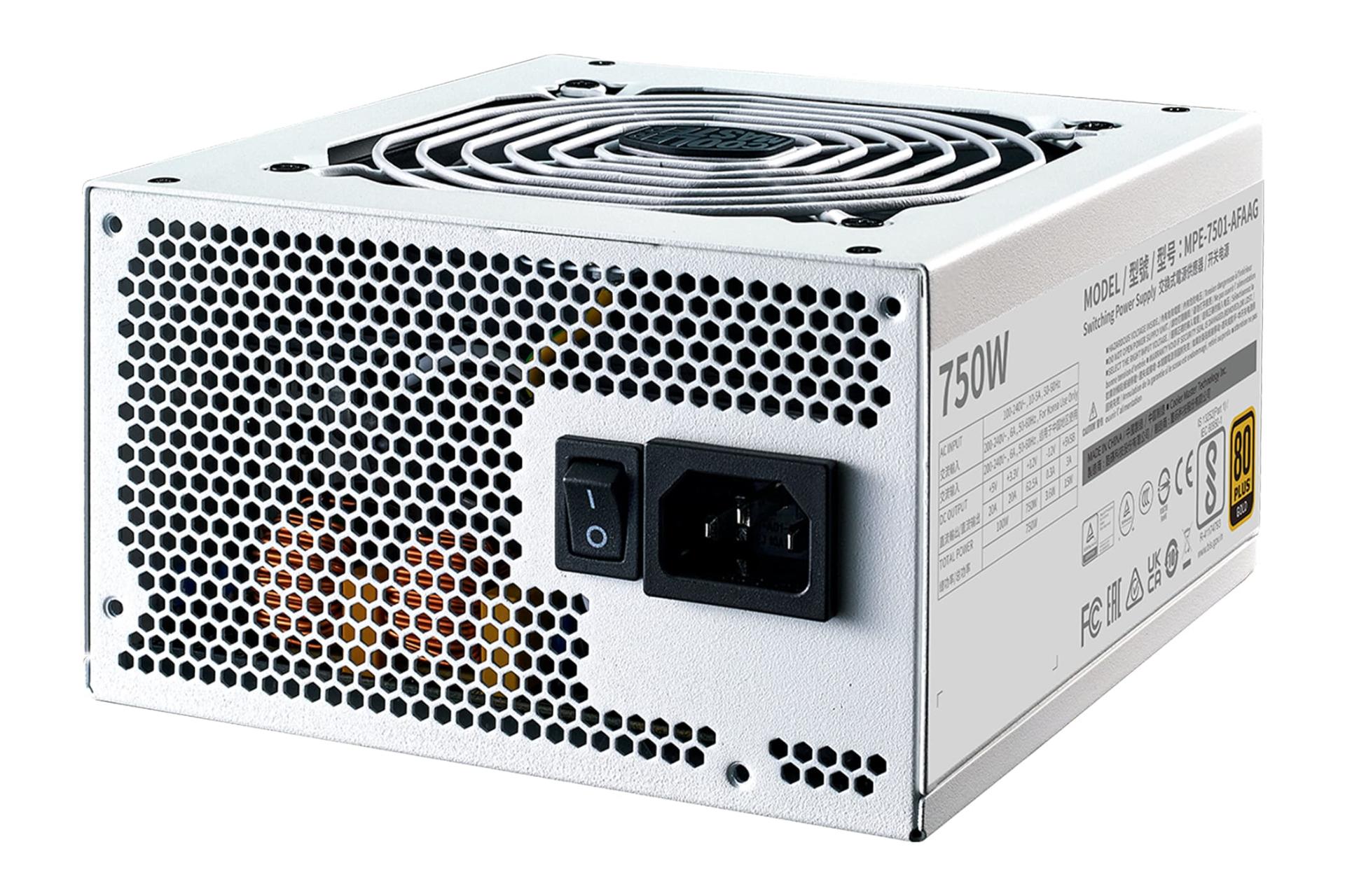 نمای نیمرخ پاور کامپیوتر کولر مستر MWE Gold 750 V2 ATX 3.0 White Edition با توان 750 وات با نمایش درگاه و سوییج برق