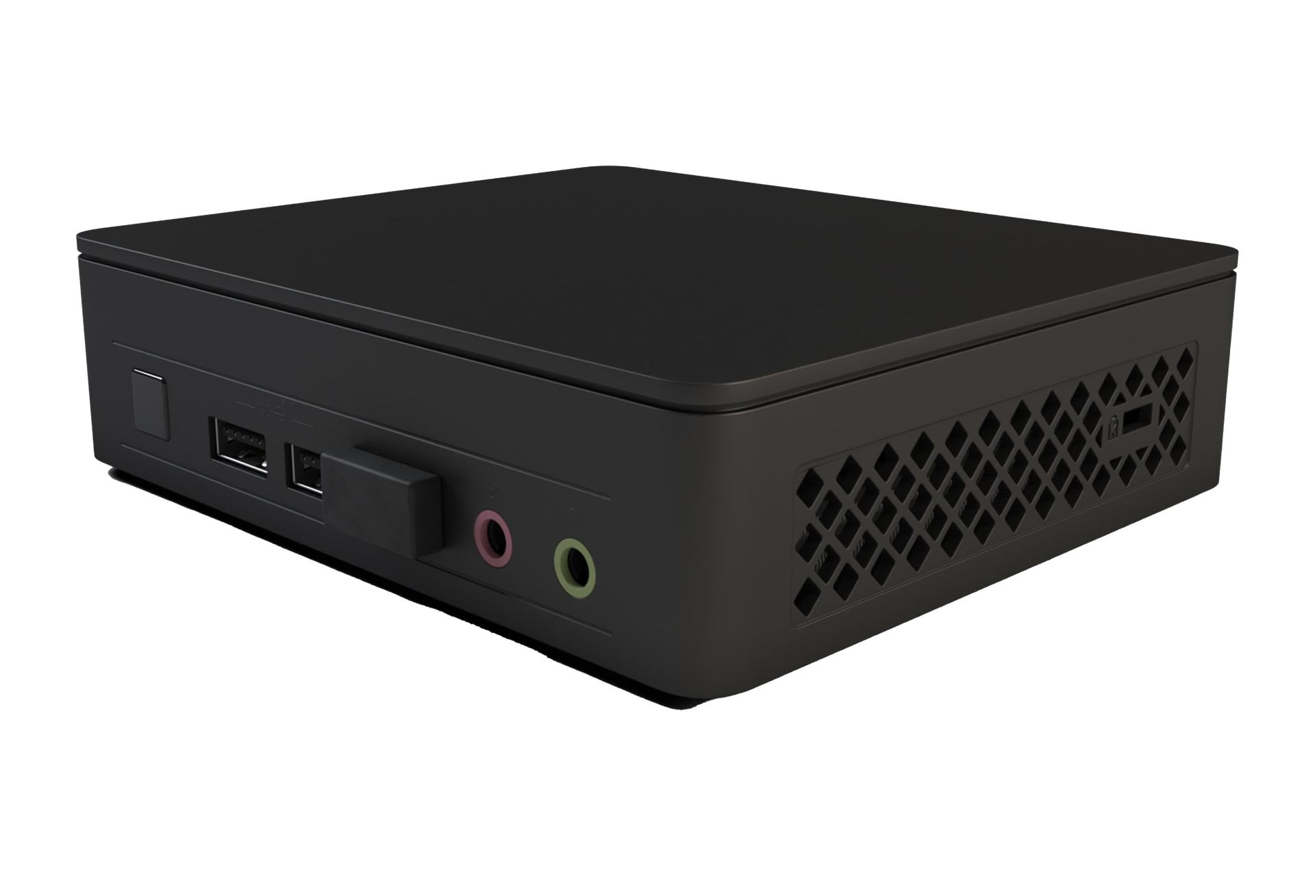 نمای نیمرخ کامپیوتر کوچک NUC 11 Essential ایسوس با نمایش پنل جلو و سمت راست