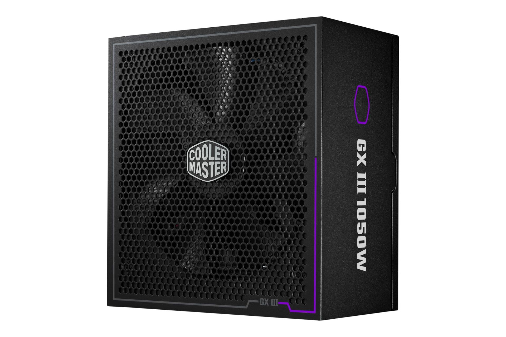 نمای نیمرخ پاور کامپیوتر کولر مستر GX III GOLD 1050 با توان 1050 وات با نمایش فن، لوگو و پنل کناری