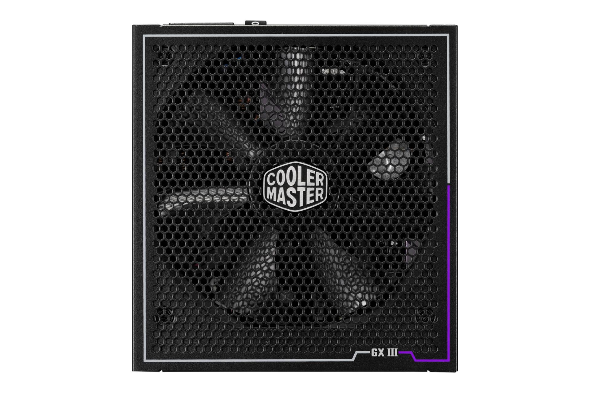 نمای پنل زیر پاور کامپیوتر کولر مستر GX III GOLD 1050 با توان 1050 وات با نمایش فن و لوگو