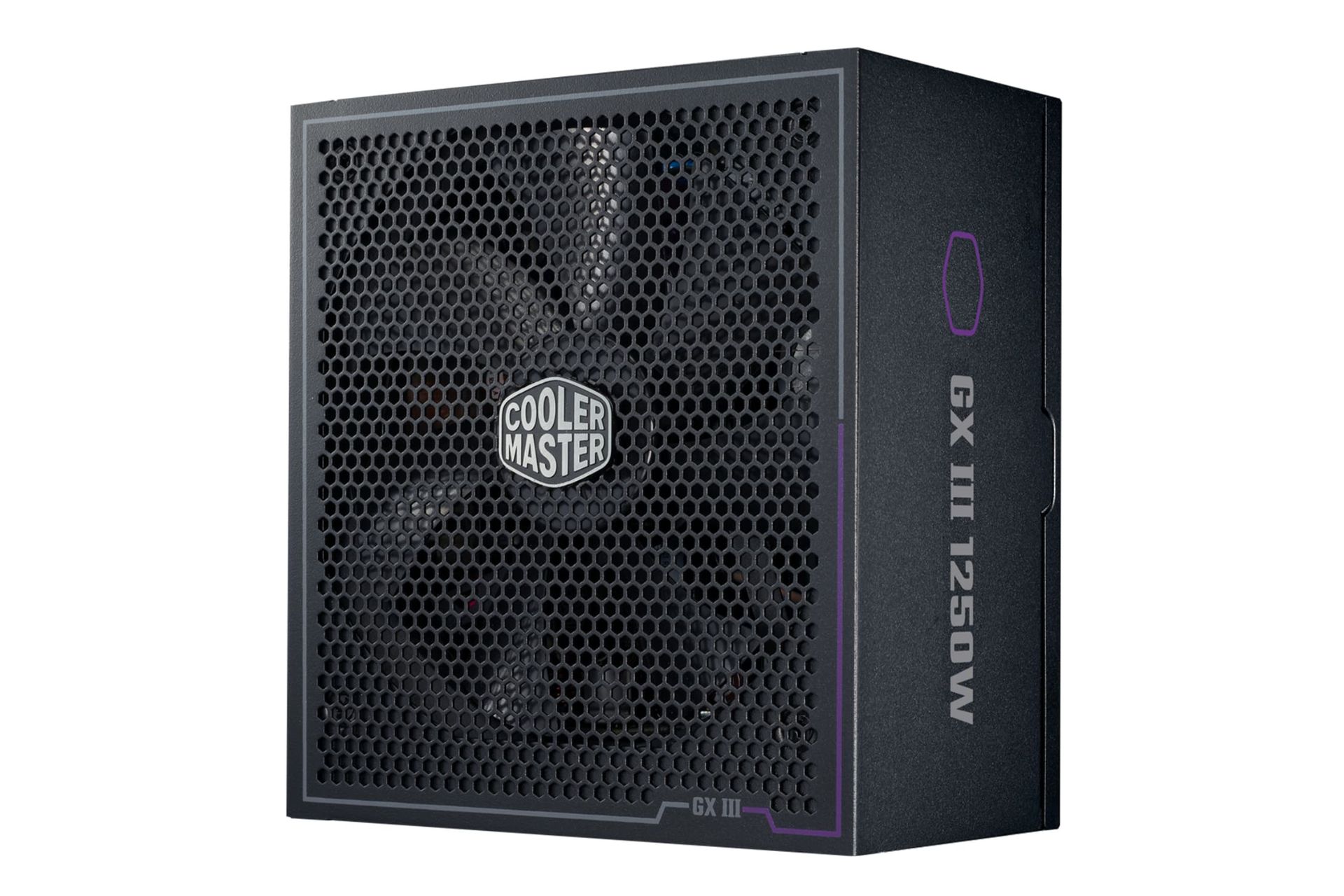 نمای نیمرخ پاور کامپیوتر کولر مستر GX III GOLD 1250 با توان 1250 وات با نمایش لوگو، فن و پنل کناری