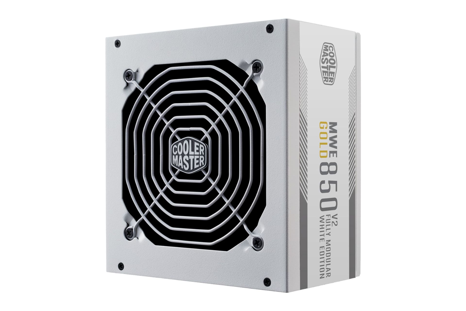 نمای نیمرخ پاور کامپیوتر کولر مستر MWE Gold 850 V2 ATX 3.0 White Edition با توان 850 وات با نمایش فن، لوگو و پنل کناری