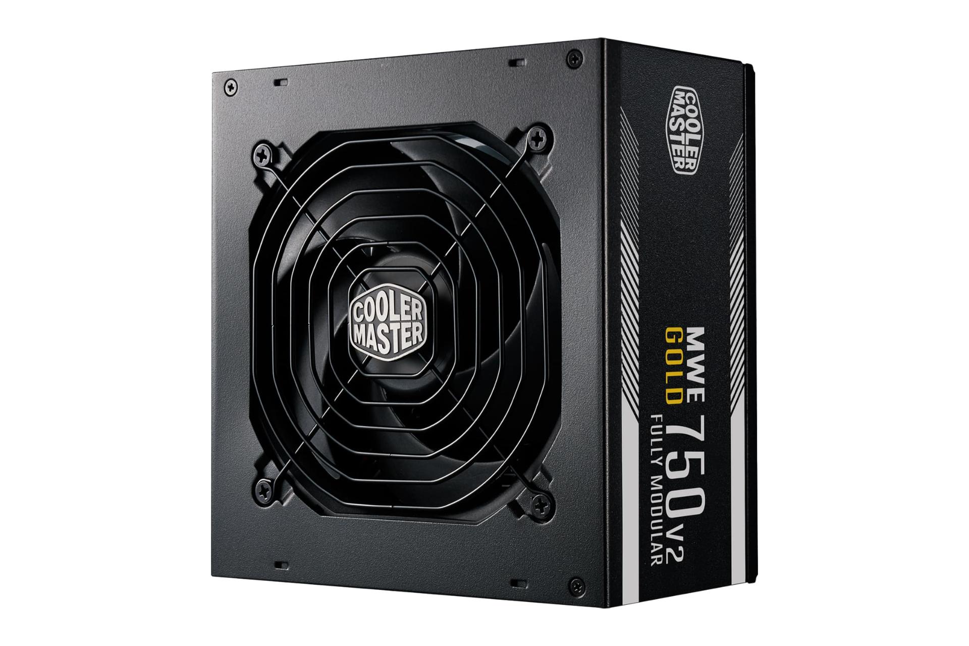 نمای نیمرخ پاور کامپیوتر کولر مستر MWE Gold 750 V2 ATX 3.1 با توان 750 وات با نمایش فن، لوگو و پنل کناری