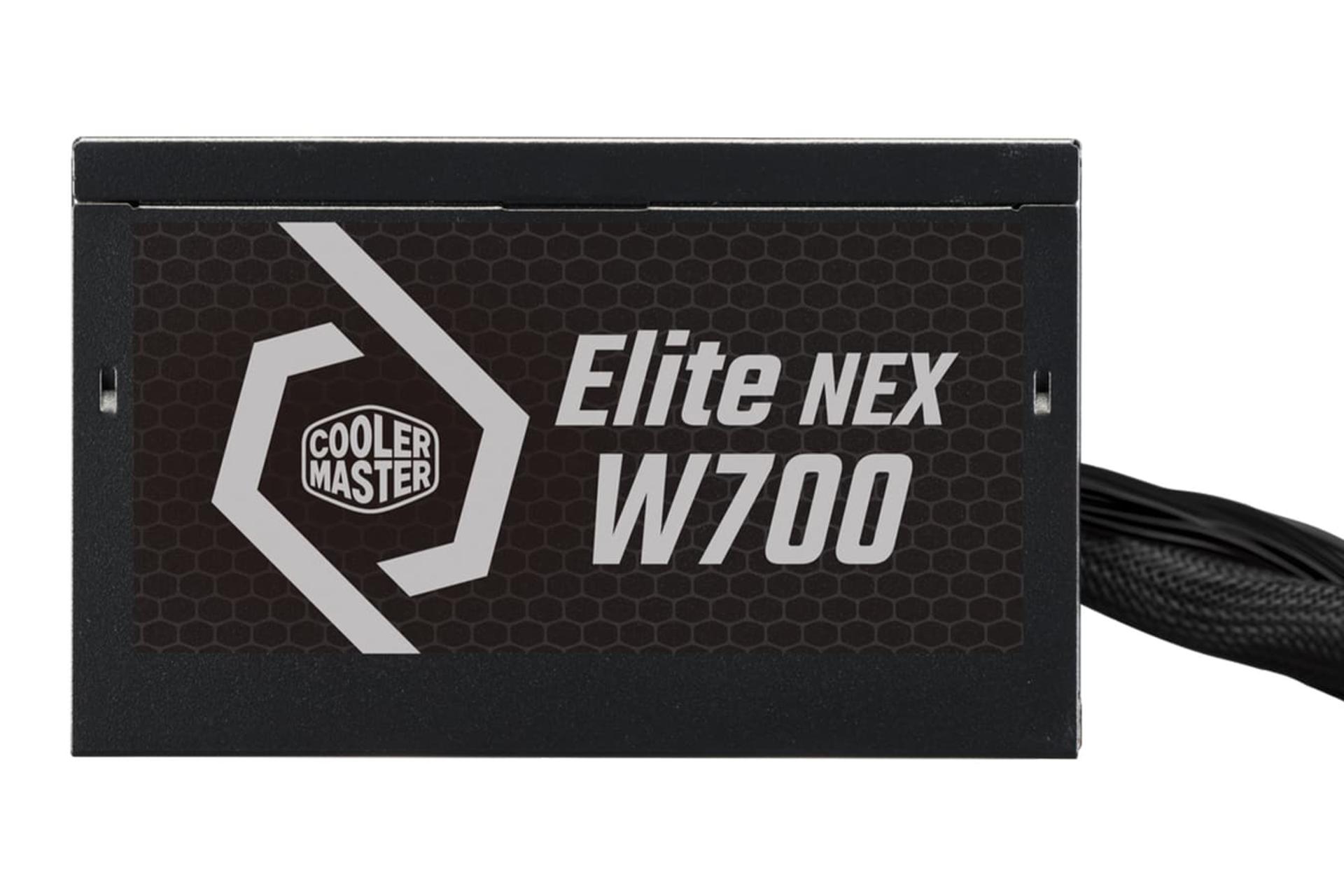 نمای پنل کناری پاور کامپیوتر کولر مستر ELITE NEX White W700 230V با توان 700 وات با نمایش لوگو و کابل‌ها