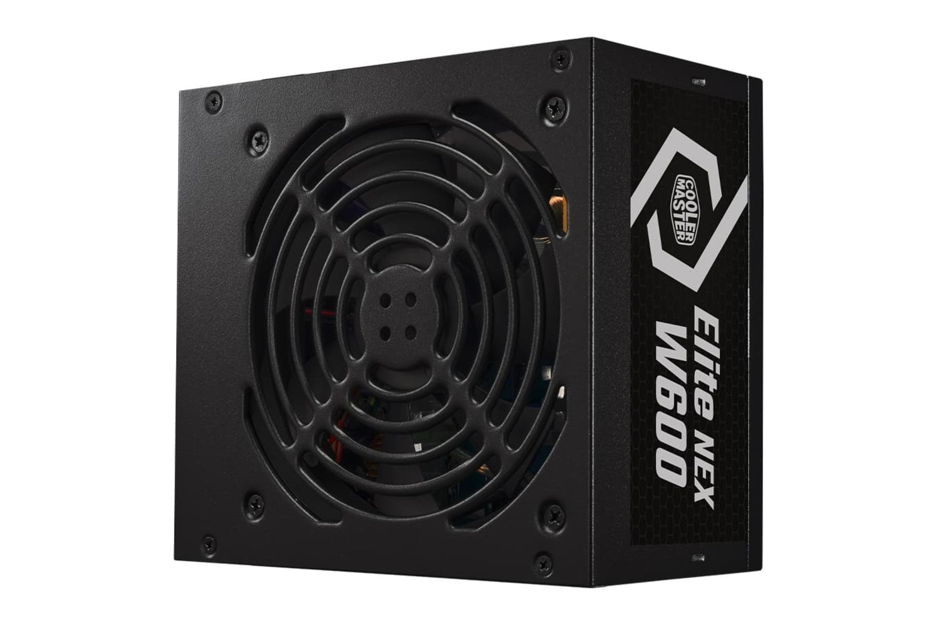 نمای نیمرخ پاور کامپیوتر کولر مستر ELITE NEX White W600 230V با توان 600 وات با نمایش فن، لوگو و پنل کناری