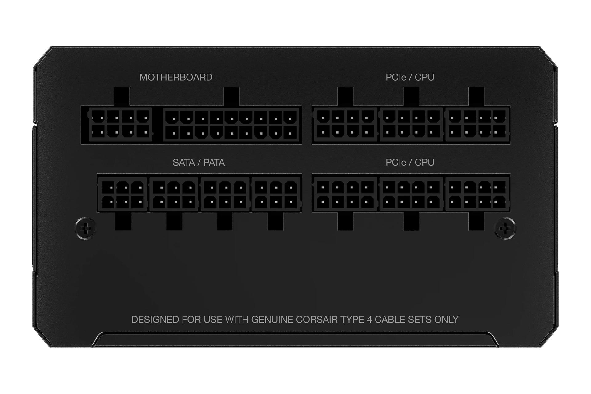 نمای پنل پشت پاور کامپیوتر کورسیر RM1000e ATX 3.1 با توان 1000 وات با نمایش اتصالات پاور