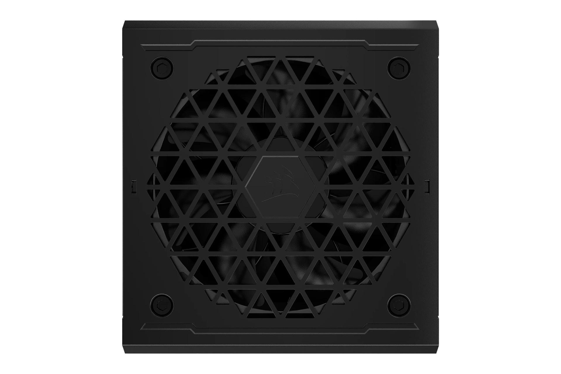 نمای پنل بالای پاور کامپیوتر کورسیر RM1000e ATX 3.1 با توان 1000 وات با نمایش فن و لوگو