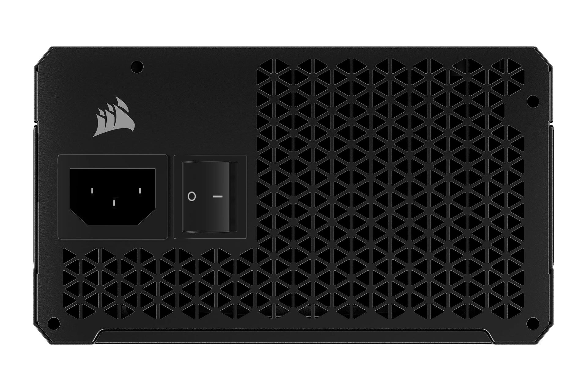 نمای پنل پشت پاور کامپیوتر کورسیر RM1000e ATX 3.1 با توان 1000 وات با نمایش درگاه و سوییچ برق