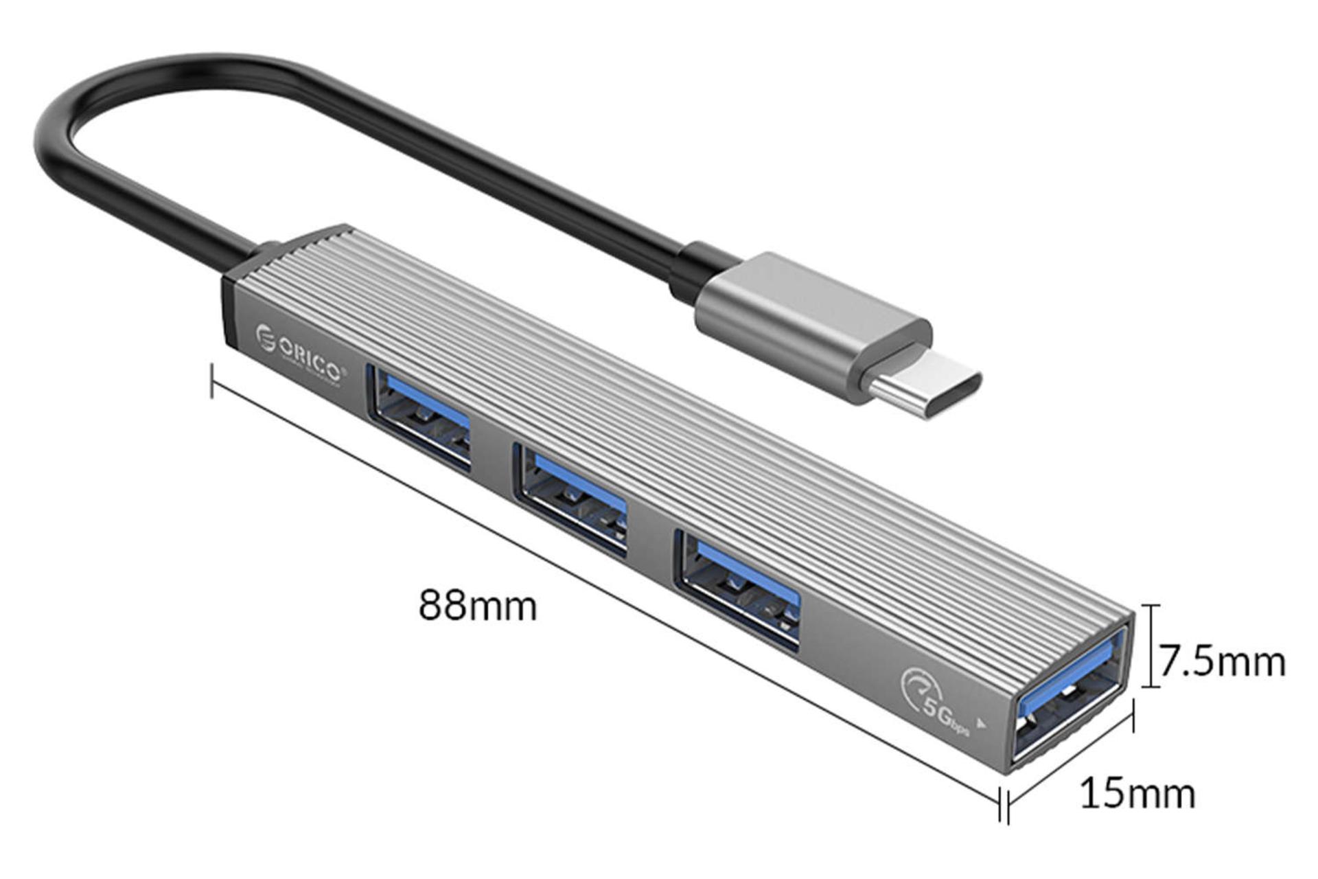 ابعاد و اندازه هاب USB-C اوریکو 4 پورت مدل AH-13