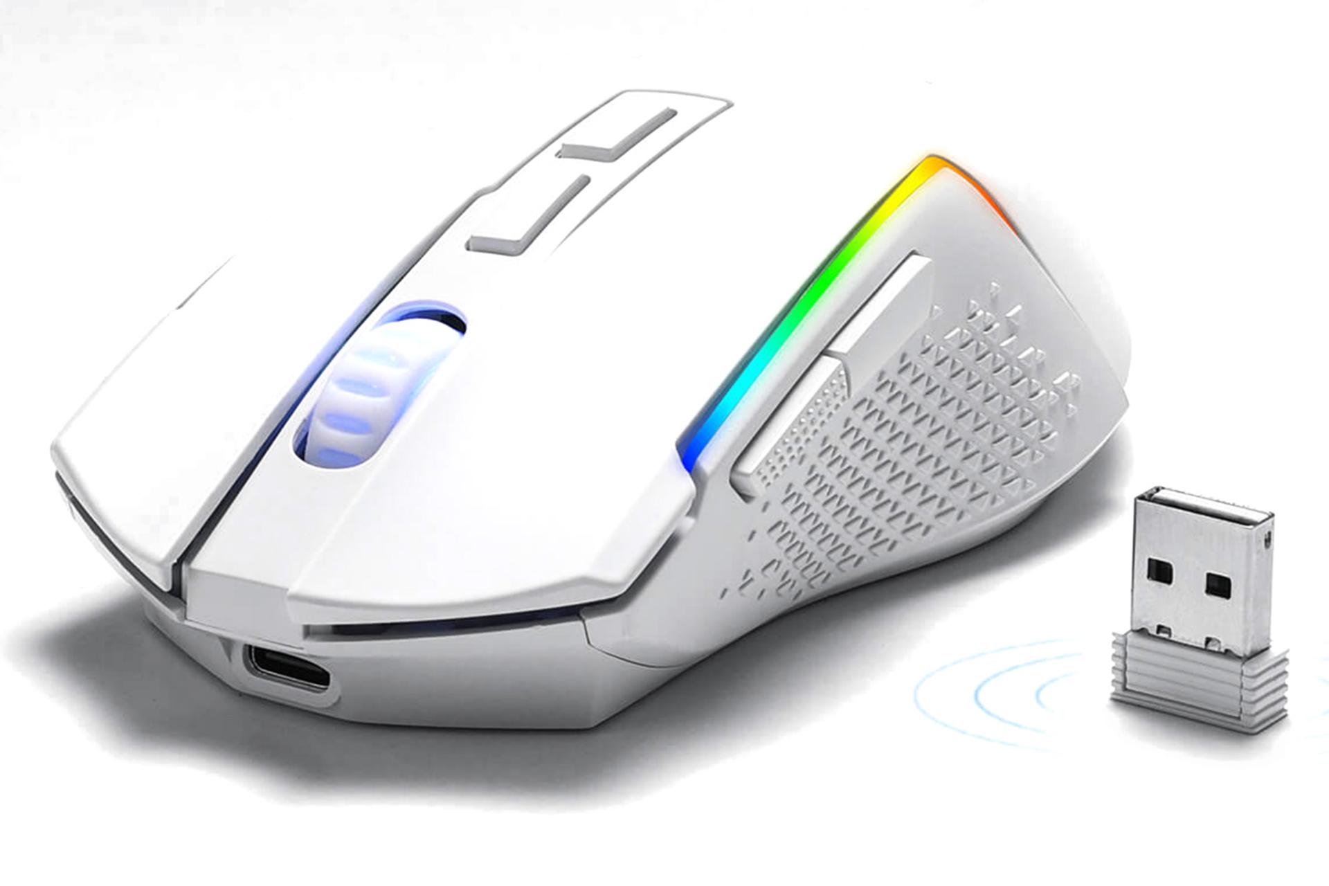 نمای جلوی رنگ سفید ماوس ردراگون Redragon TRIDENT M693 به همراه دانگل بی سیم