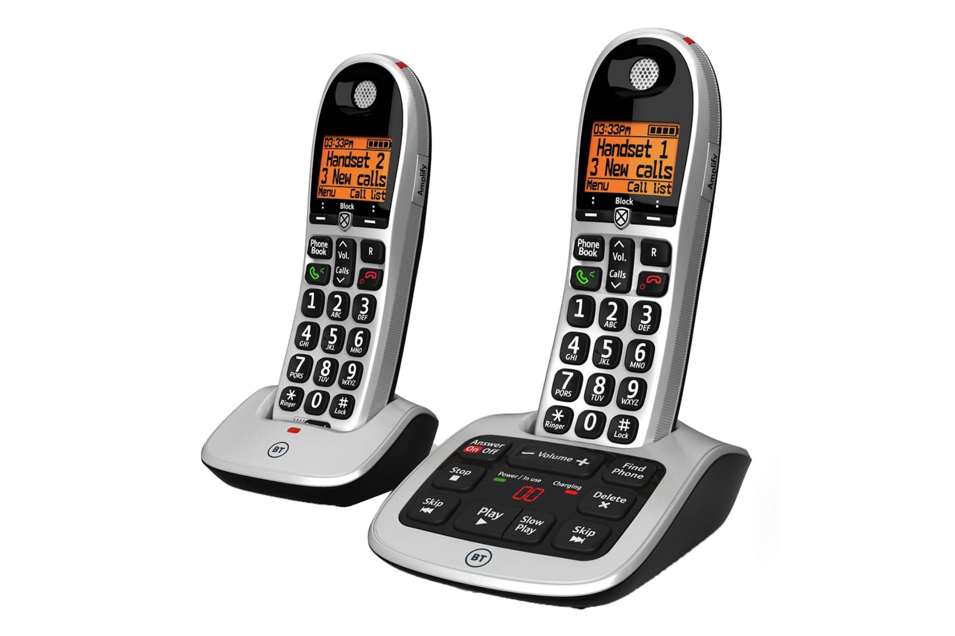 نمای نیمرخ تلفن بی تی BT4600 Twin با نمایش لبه سمت راست پایه اصلی، پایه متحرک و گوشی بی سیم