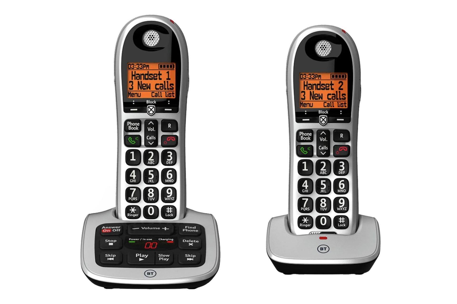 نمای رو به روی تلفن بی تی BT4600 Twin با نمایش پایه اصلی، پایه متحرک و گوشی بی سیم