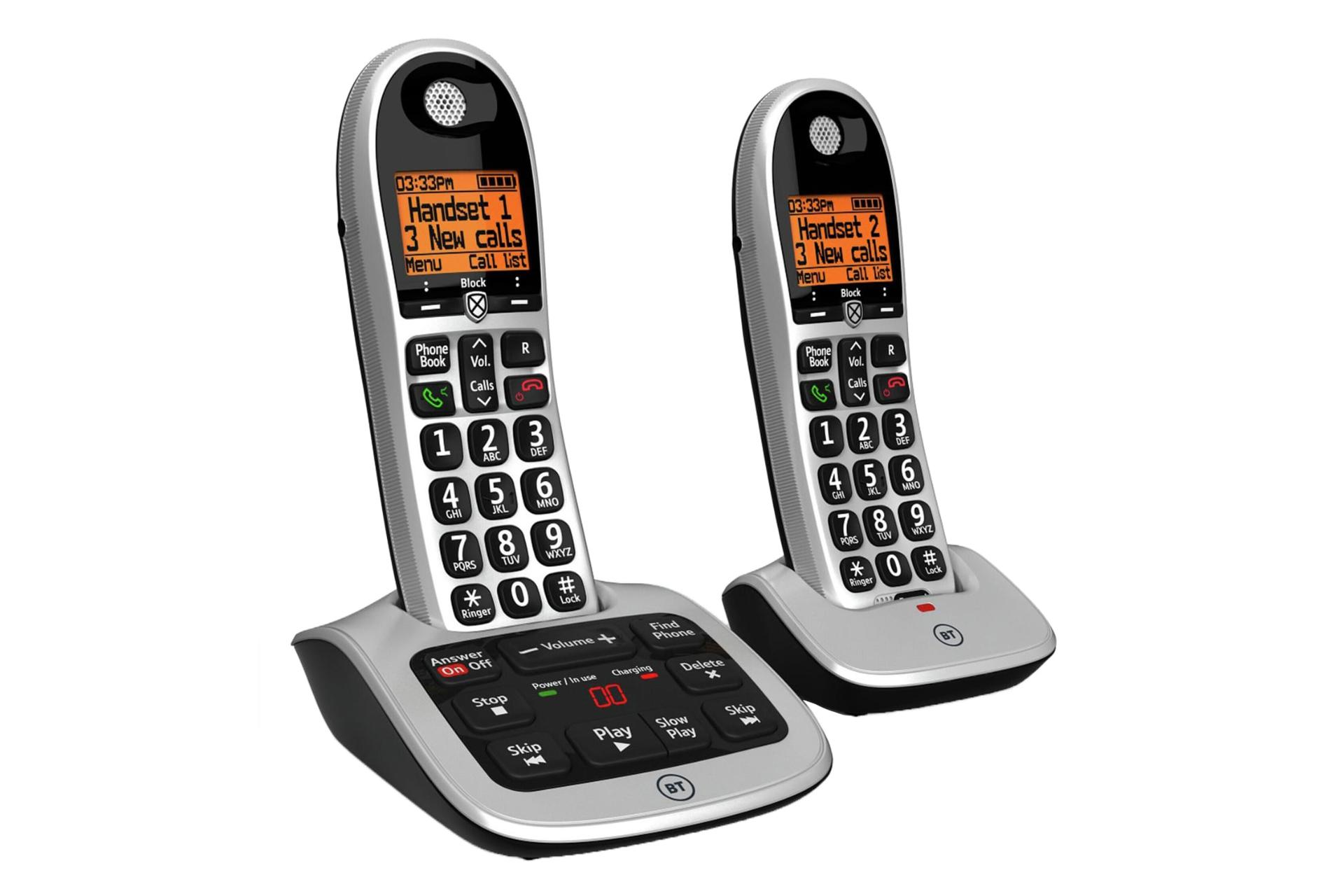 نمای نیمرخ تلفن بی تی BT4600 Twin با نمایش لبه سمت چپ پایه اصلی، پایه متحرک و گوشی بی سیم