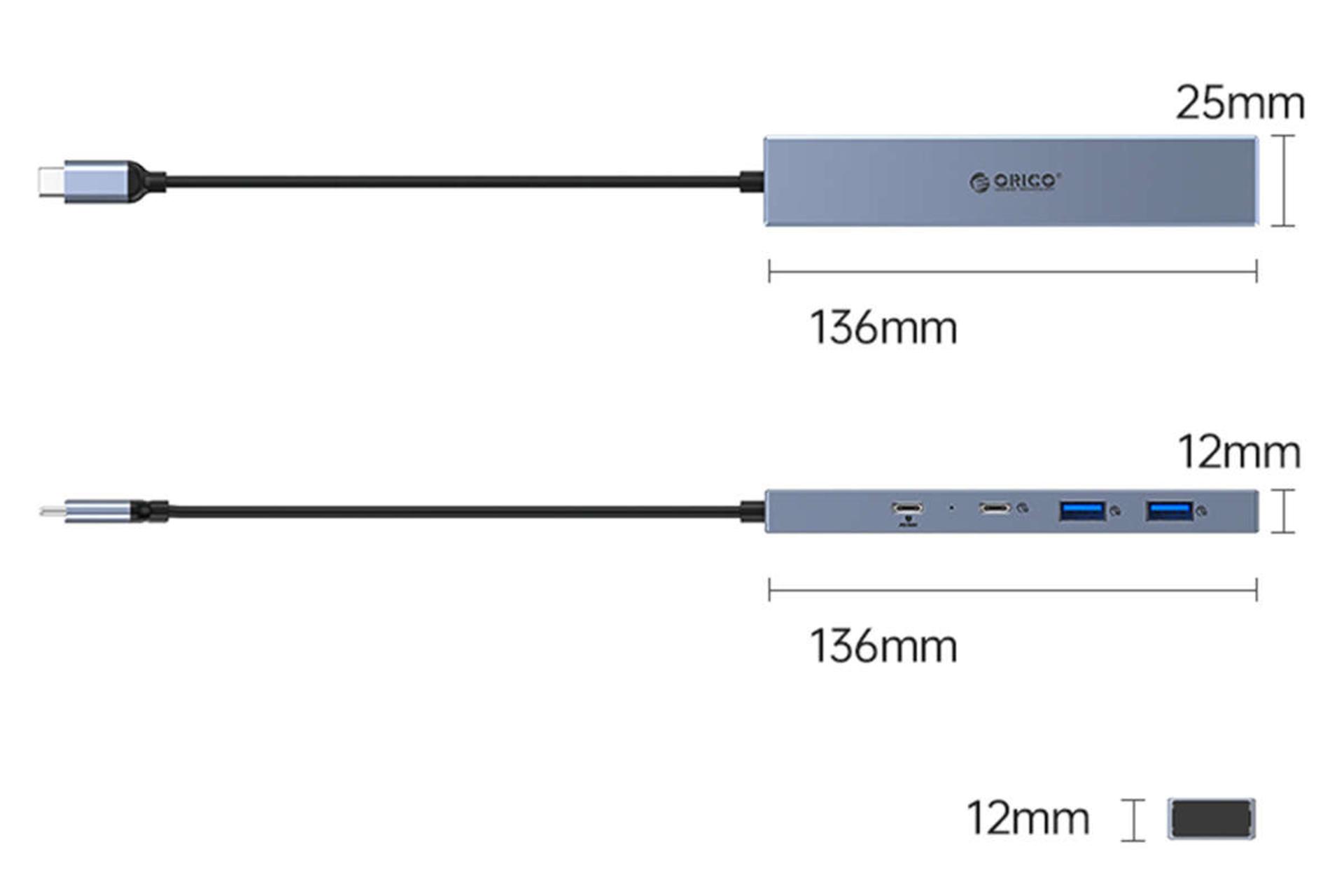 ابعاد و اندازه هاب USB-C اوریکو 4 پورت مدل DHY-2U2C