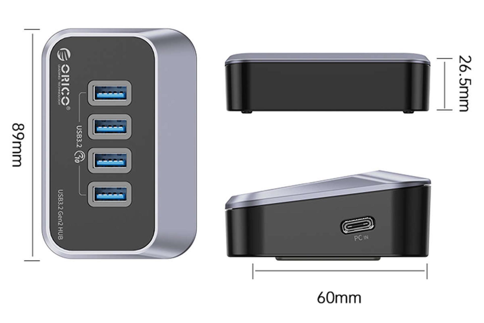 ابعاد هاب USB-C اوریکو 4 پورت مدل M34A-G2
