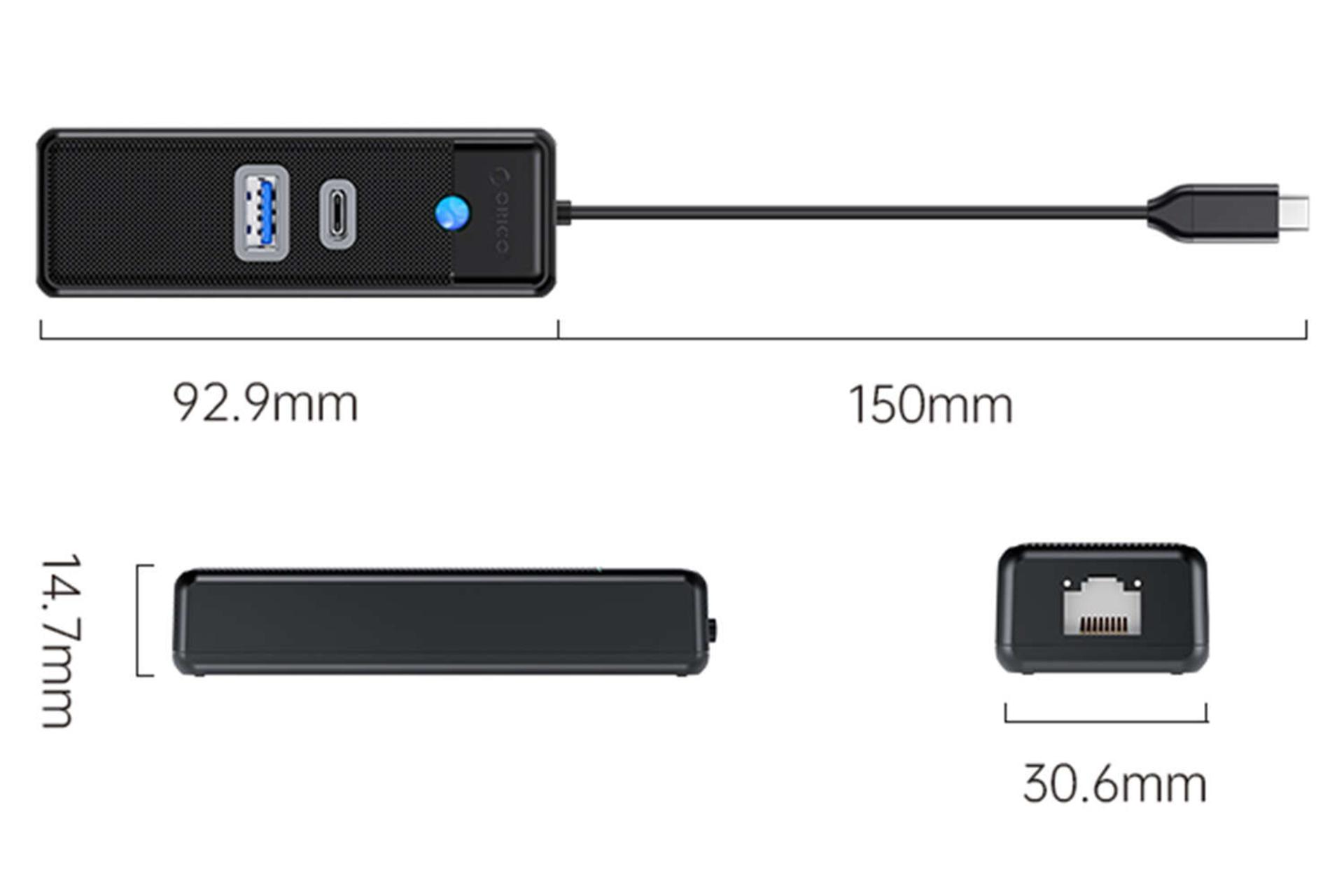 ابعاد و اندازه هاب USB-C اوریکو 3 پورت مدل PWCUR-C3