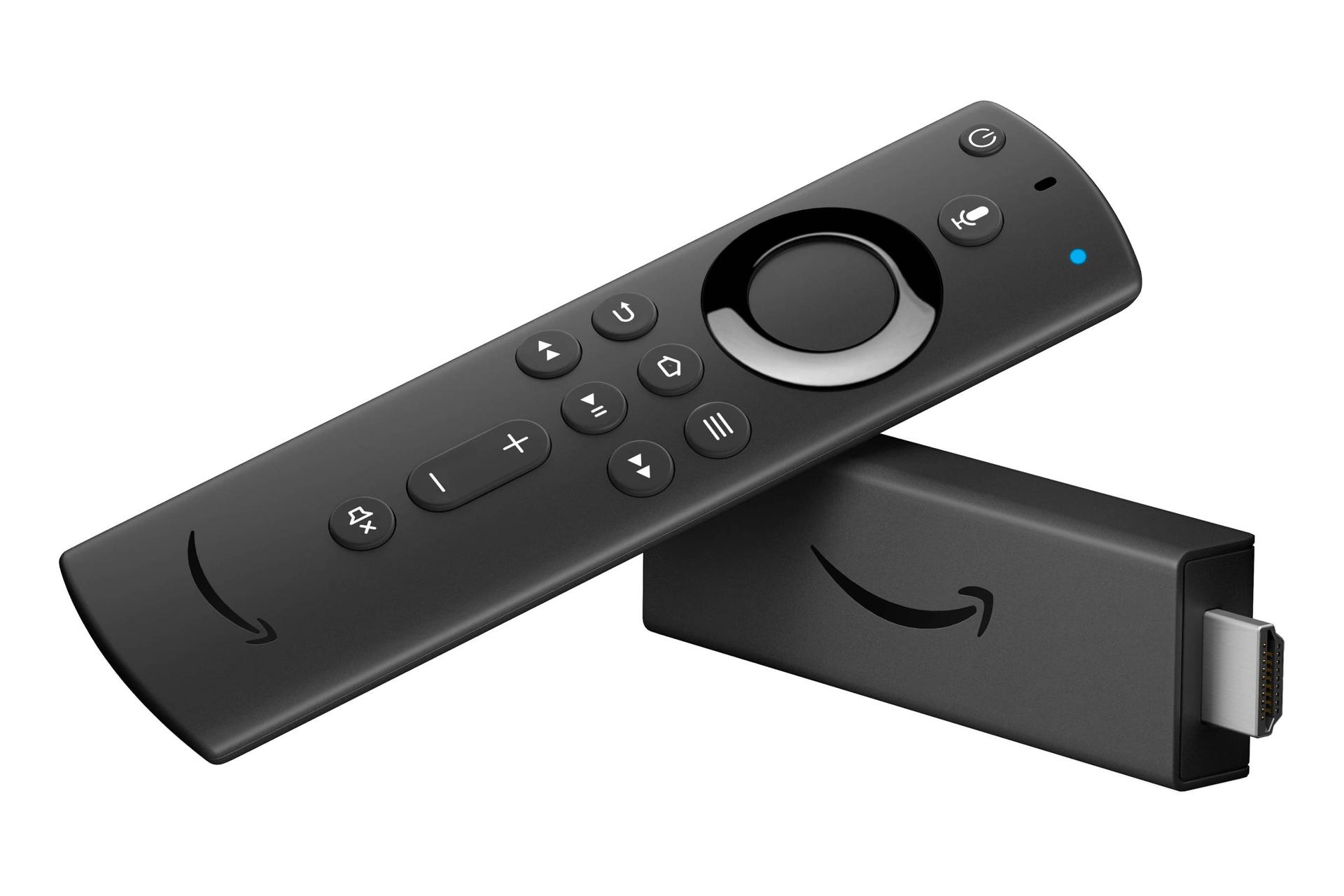 نمای نیمرخ اندروید باکس آمازون Fire TV Stick 4K نسل اول با نمایش ریموت کنترل و خروجی HDMI