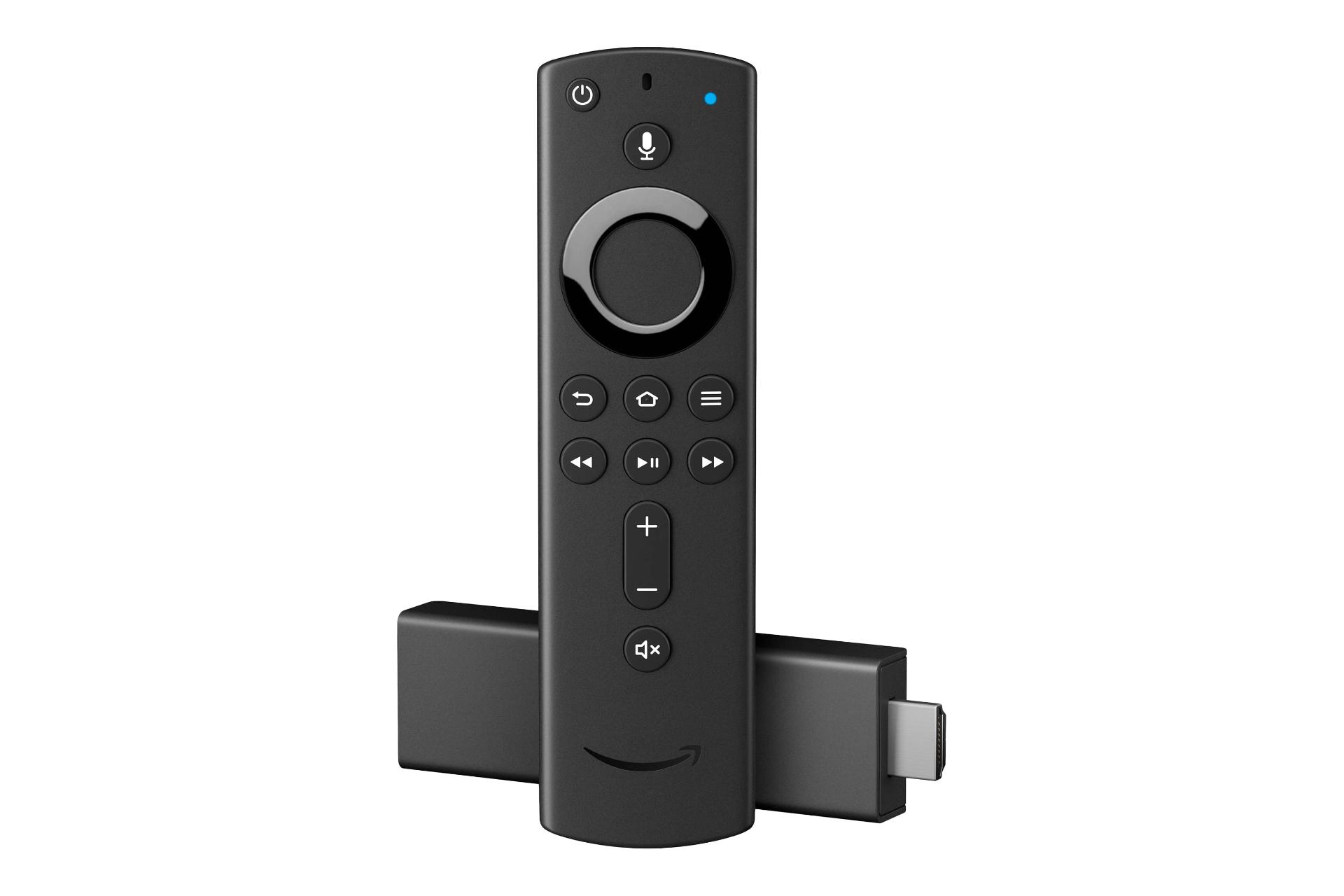 نمای کلی اندروید باکس آمازون Fire TV Stick 4K نسل اول با نمایش ریموت کنترل