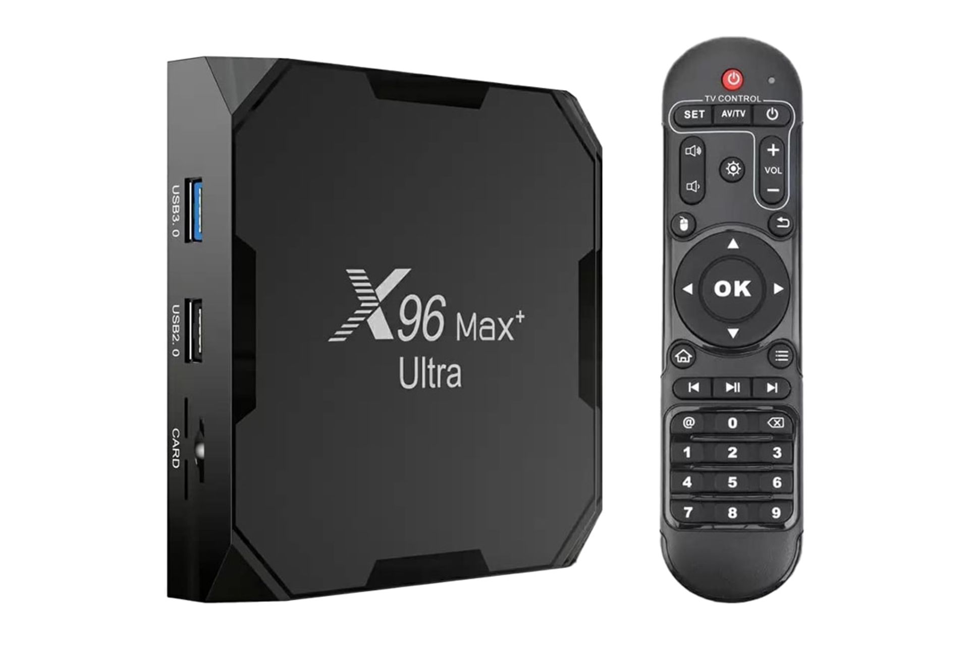 نمای کلی اندروید باکس ایکس 96 Max+ Ultra با نمایش درگاه های پنل کناری و ریموت کنترل