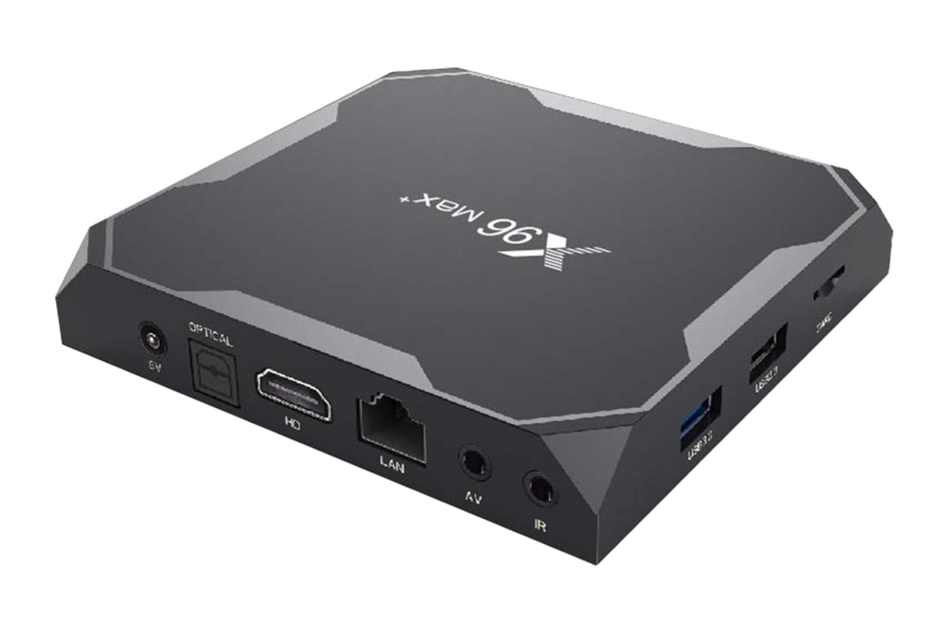 نمای نیمرخ اندروید باکس ایکس 96 +Max با نمایش لوگو، درگاه های لبه سمت چپ و پشت