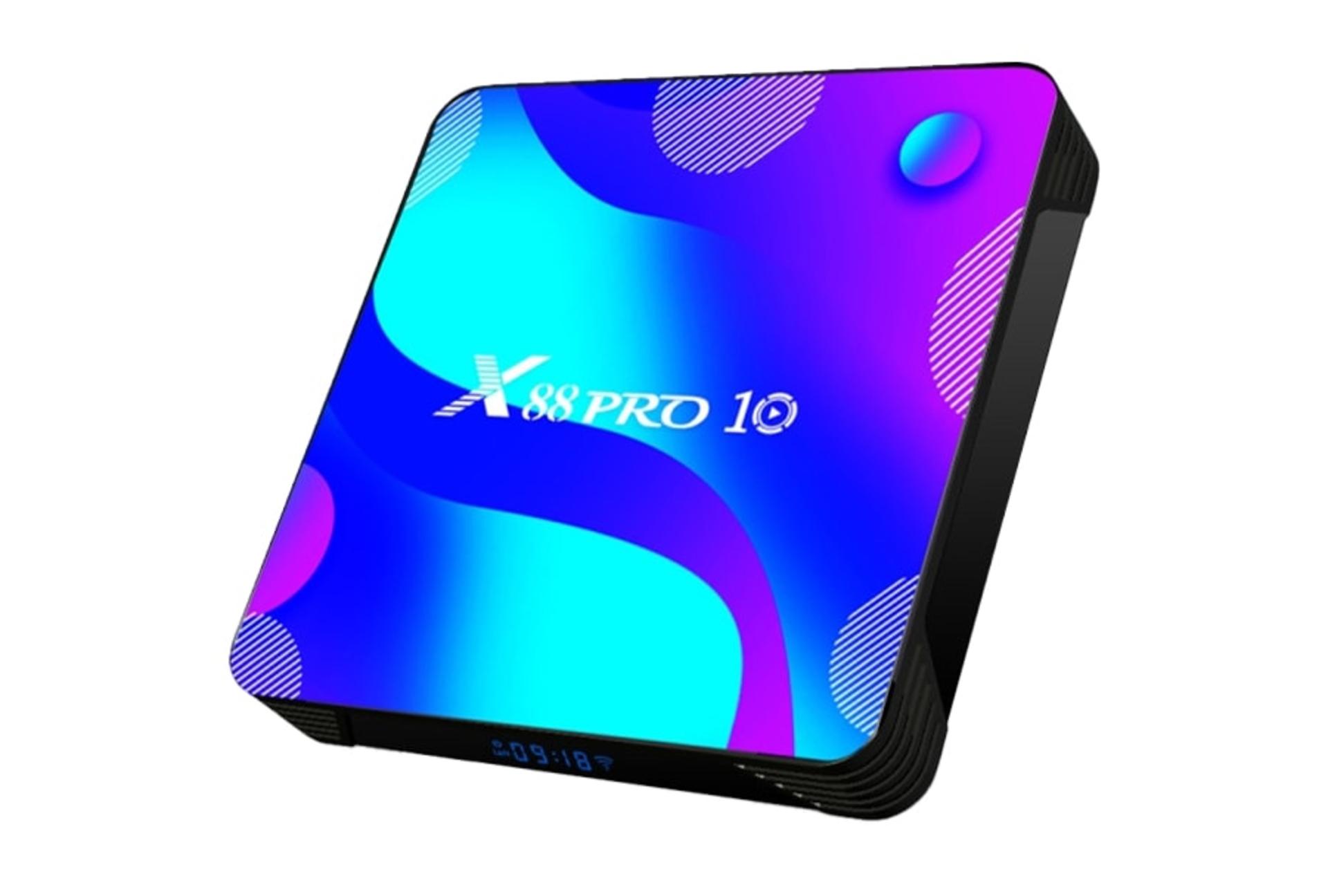 نمای نیمرخ اندروید باکس ایکس 88 PRO 10 با نمایش لوگوی پنل بالا